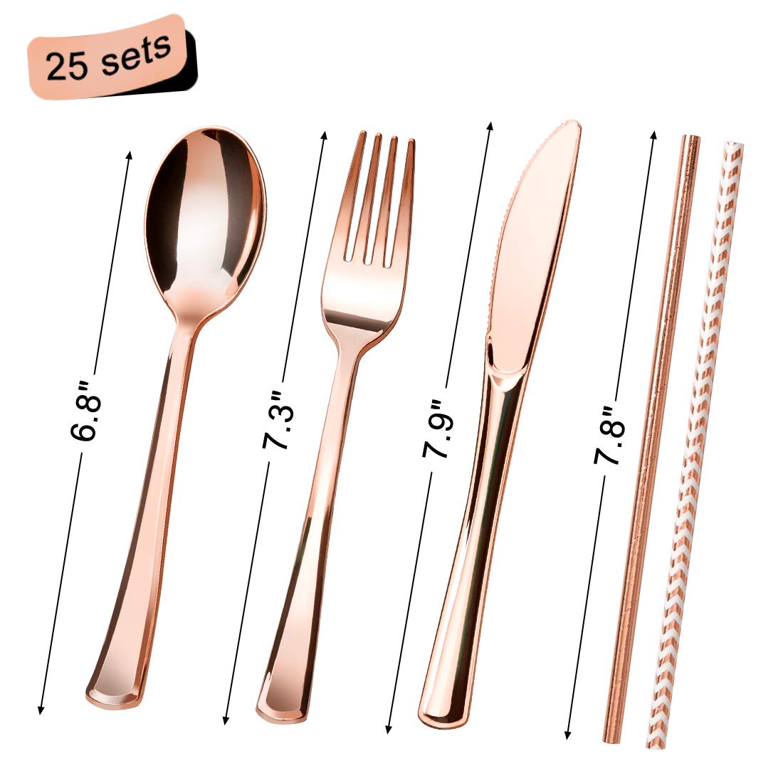 Elegant Black & Rose Gold Party Supplies Set - 25-Piece Dinnerware Kit with Plates, Napkins, Straws & Cutlery for Weddings, Bridal Showers, Birthdays & Bachelorette Parties | Premium Rose Gold Dot Decorations for Stylish Celebrations