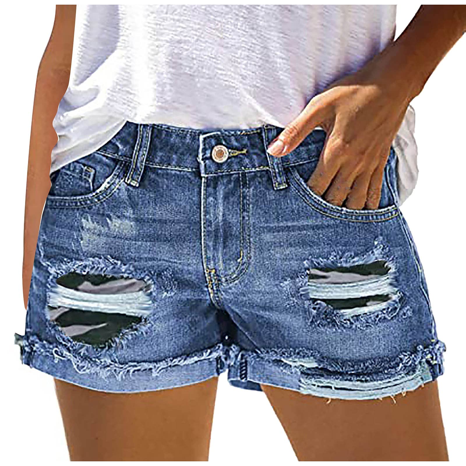 Women's Stretchy Mid Rise Frayed Denim Shorts - Distressed Cutoff Jean Shorts with Rolled Hem for Summer | Casual Hot Shorts for Beach, Music Festivals & Everyday Wear