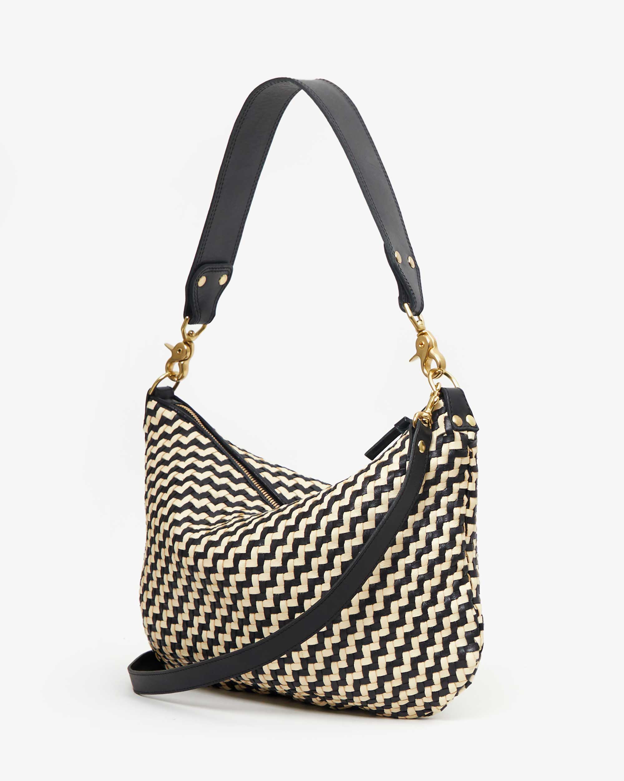 Moyen Messenger Bag Black Cream Woven Zig Zag Design - Stylish Crossbody Bag for Work, Travel & Daily Use
