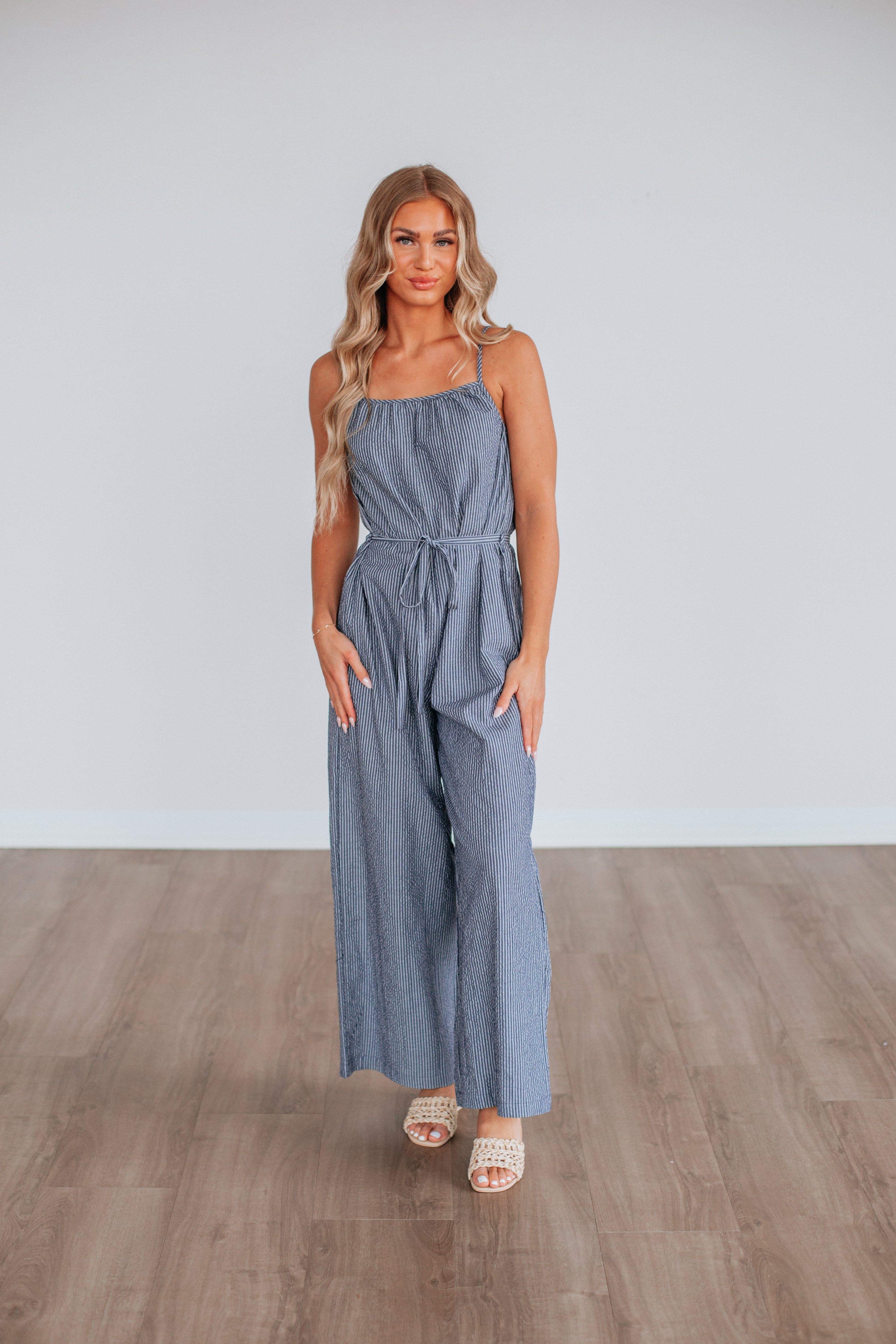 Brielle Striped Jumpsuit for Women - Stylish Steel Blue One Piece Romper | Perfect for Casual Outings, Beach Vacations & Summer Fashion