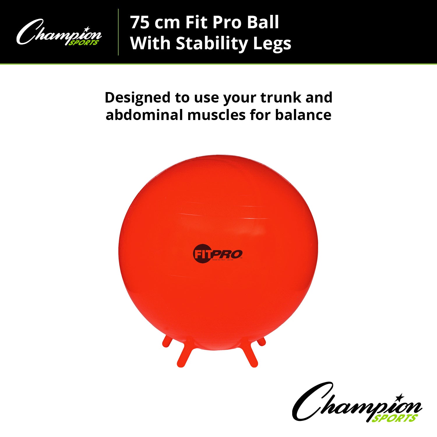 Champion Sports 75cm FitPro Exercise Stability Ball with Legs for Home Gym, Yoga, Pilates & Core Workouts - Power Red