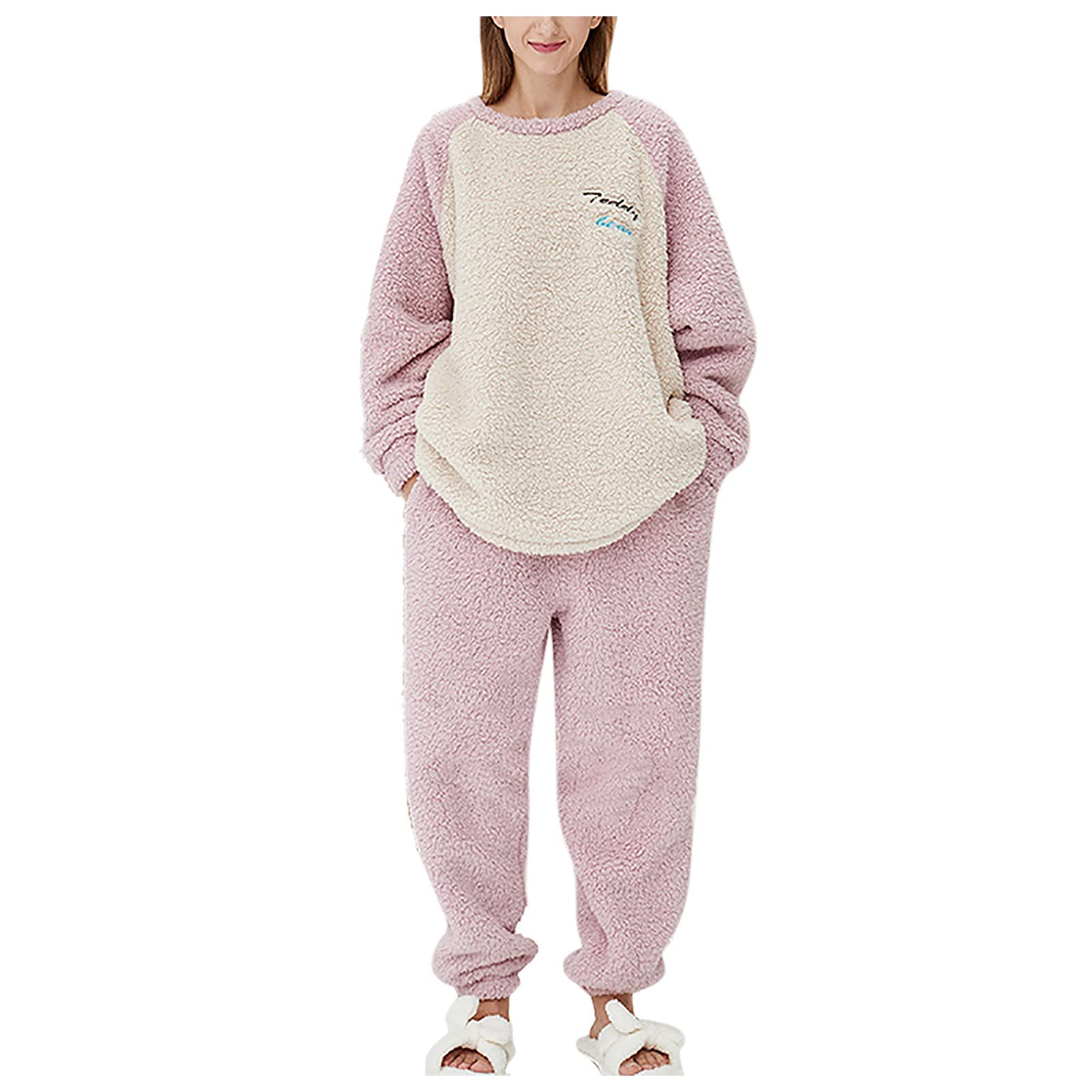 Women's Flannel Pajama Sets - Soft Fleece Tracksuit & Joggers Outfit with Color Block Sweatshirt | Cozy Lounge Wear for Home, Sleep & Relaxation