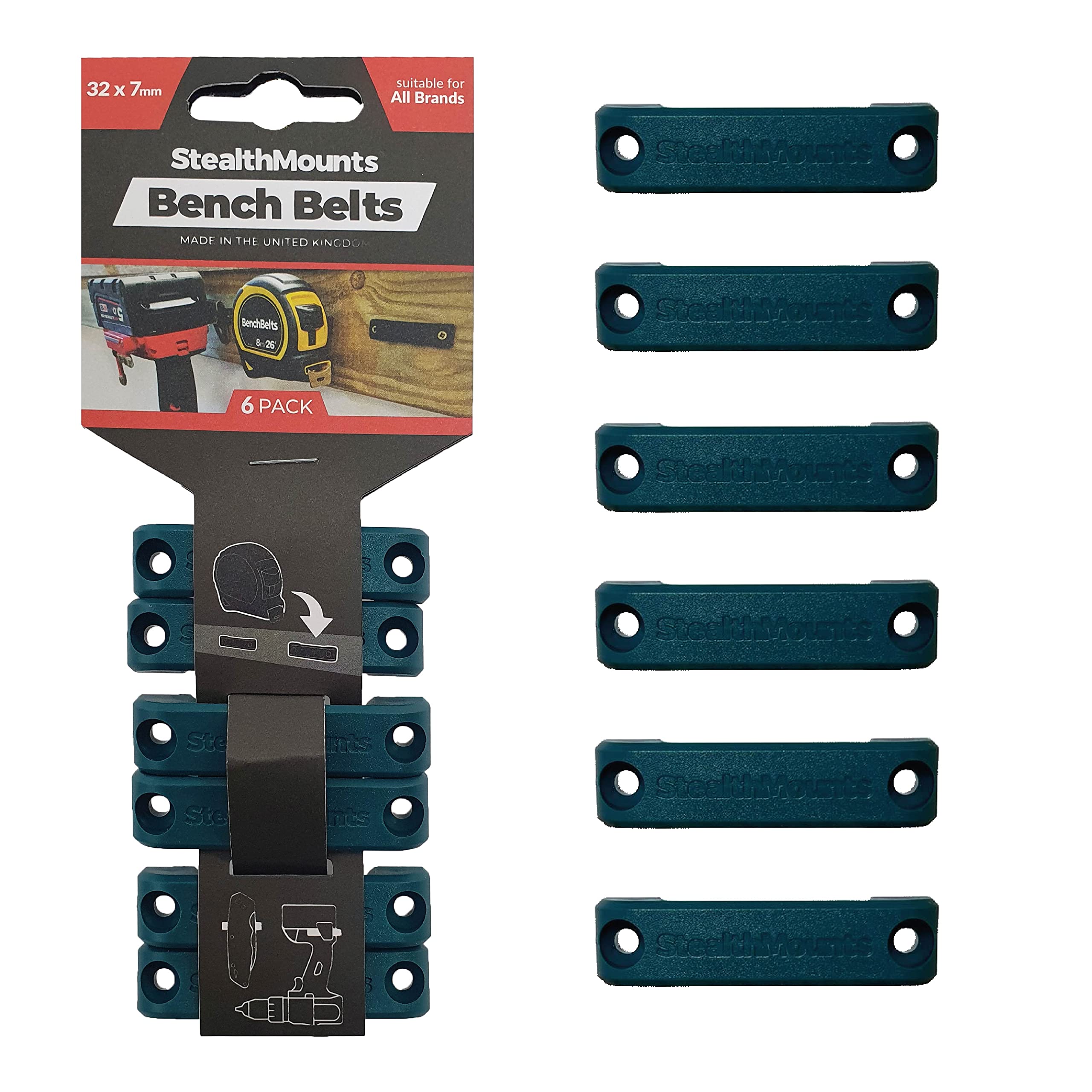 StealthMounts Universal Tool Holder Belt - 6 Pack Tool Holster Set for Power Tools, Tape Measures & Belt Clips | Heavy Duty Workbench Organizer | Perfect for Construction, Carpentry & DIY Projects (Blue)