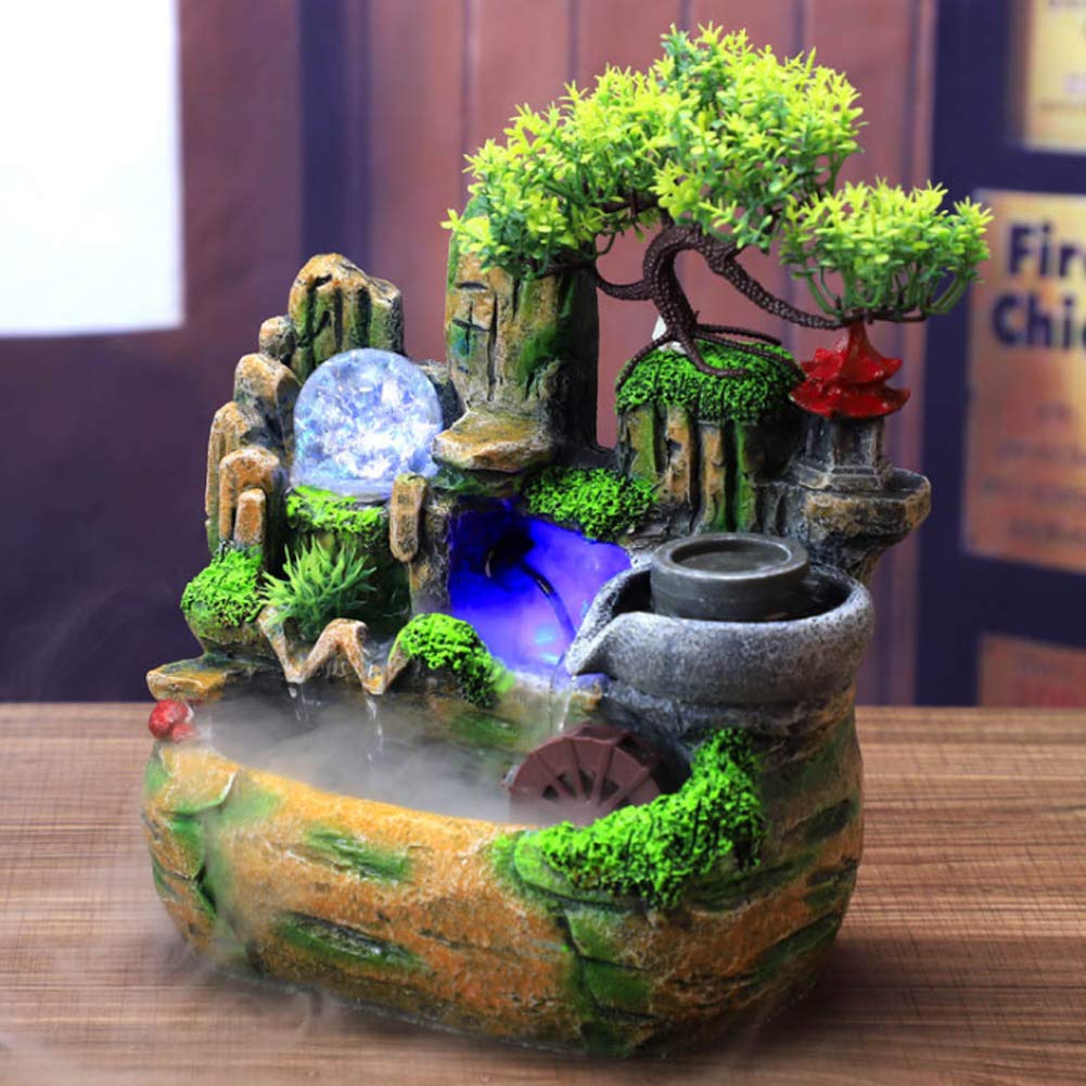 Portable Resin Mini Silent Waterfall Fountain with Colorful LED Lights - Zen Meditation Desktop Rockery Fountain, Bonsai Decor for Office, Bedroom, Relaxation Gift | Perfect for Stress Relief, Home Decor & Feng Shui