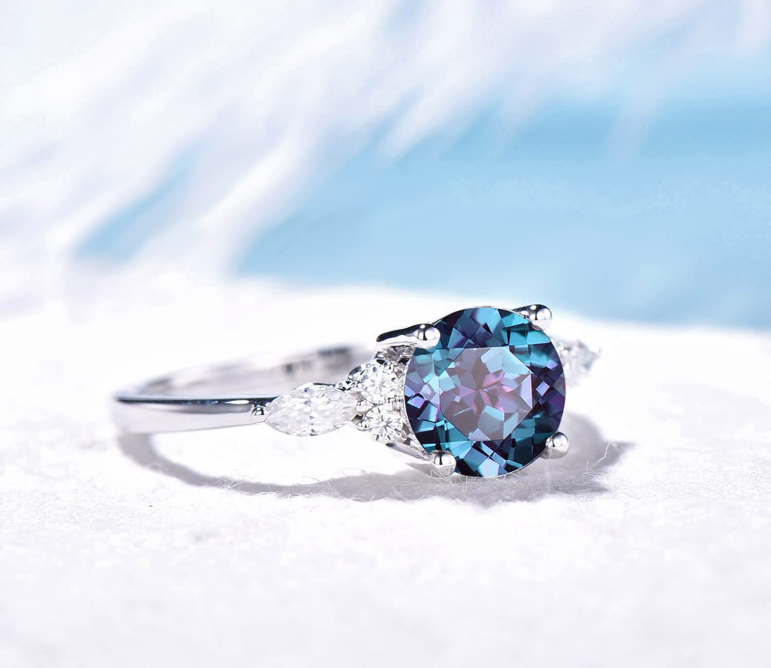 7mm Round Cut Color-Change Alexandrite Engagement Ring - Sterling Silver/10K/14K/18K Solid Rose Gold | June Birthstone Wedding Ring, Healing Gemstone Jewelry for Women | Perfect for Proposals, Anniversaries & Birthday Gifts | Includes Gift Box