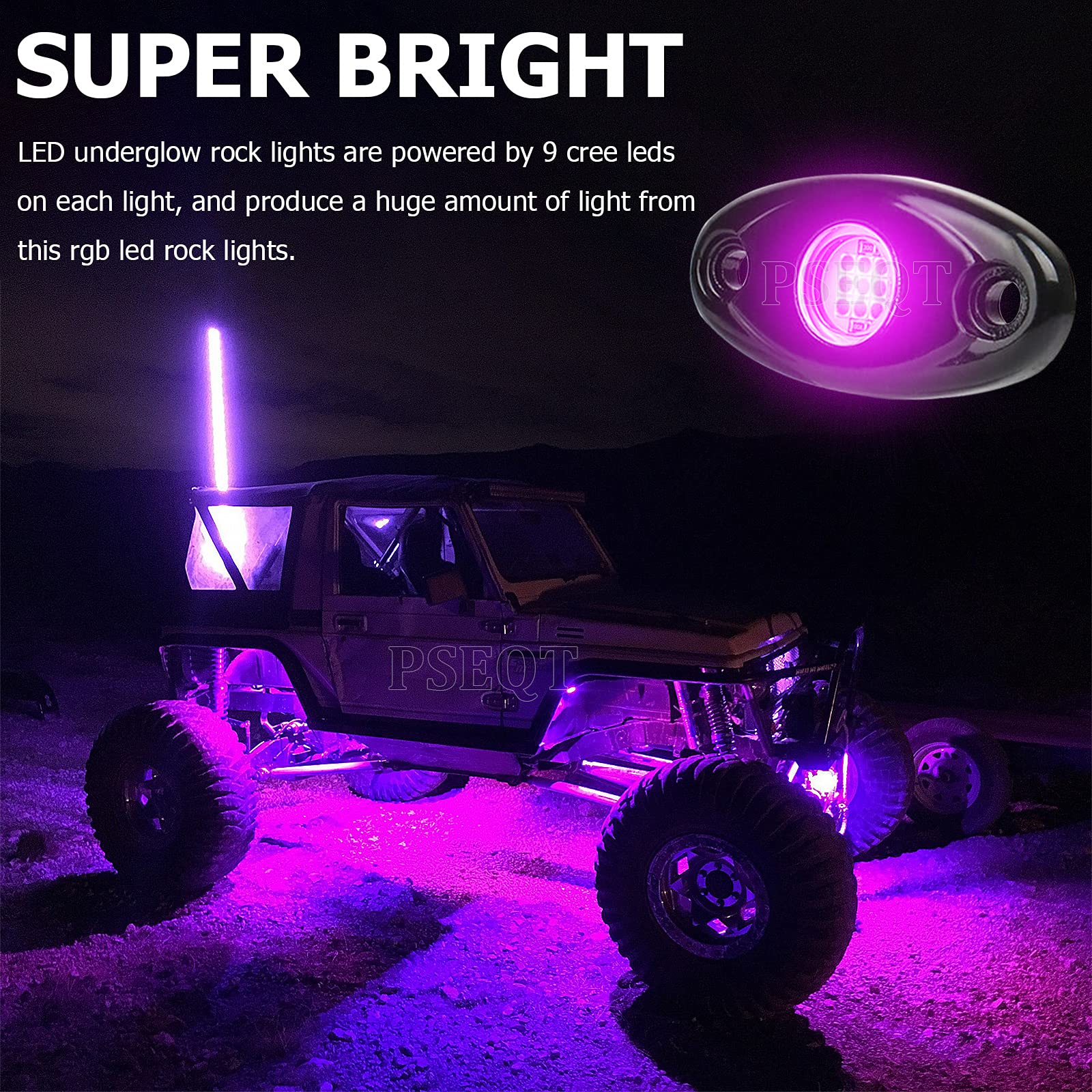 PSEQT 6 Pods LED Rock Lights - Waterproof Neon Underglow Lights for Cars, Trucks, ATV, UTV, SUV, Offroad, Boat | Underbody Glow Kit for Night Driving, Car Shows & Off-Road Adventures