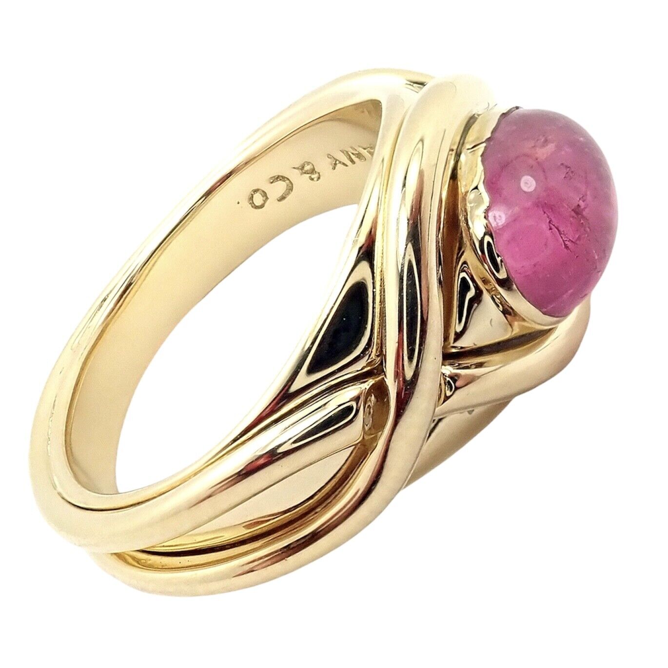 Authentic Tiffany & Co 18K Yellow Gold Pink Tourmaline Cabochon Band Ring - Rare Vintage Jewelry for Women, Perfect Gift for Anniversary, Engagement & Special Occasions