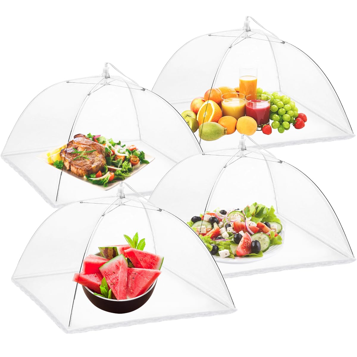 Onarway 14 Inch Pop Up Mesh Food Covers - 4 Pack Fine Fly Net for Fruit & Picnic - Collapsible Screen Umbrella Tent for Outdoor Dining, Camping & BBQ Parties - White