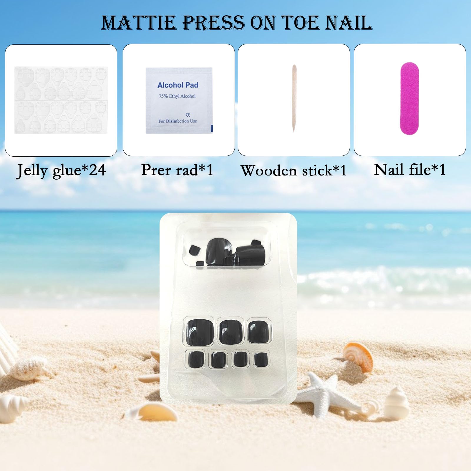 Square Press On Toenails - Short Black Fake Toe Nails with Glue, Glossy Full Cover Toenail Stickers for Women (24Pcs) | Perfect for Summer Pedicures, Beach Vacations & Everyday Wear