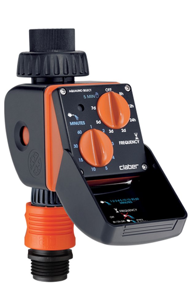 Claber 8423 Aquauno Select 2-Dial Water Timer - Automatic Garden Irrigation System (Orange) - Perfect for Lawn Sprinklers, Drip Irrigation & Outdoor Plant Watering