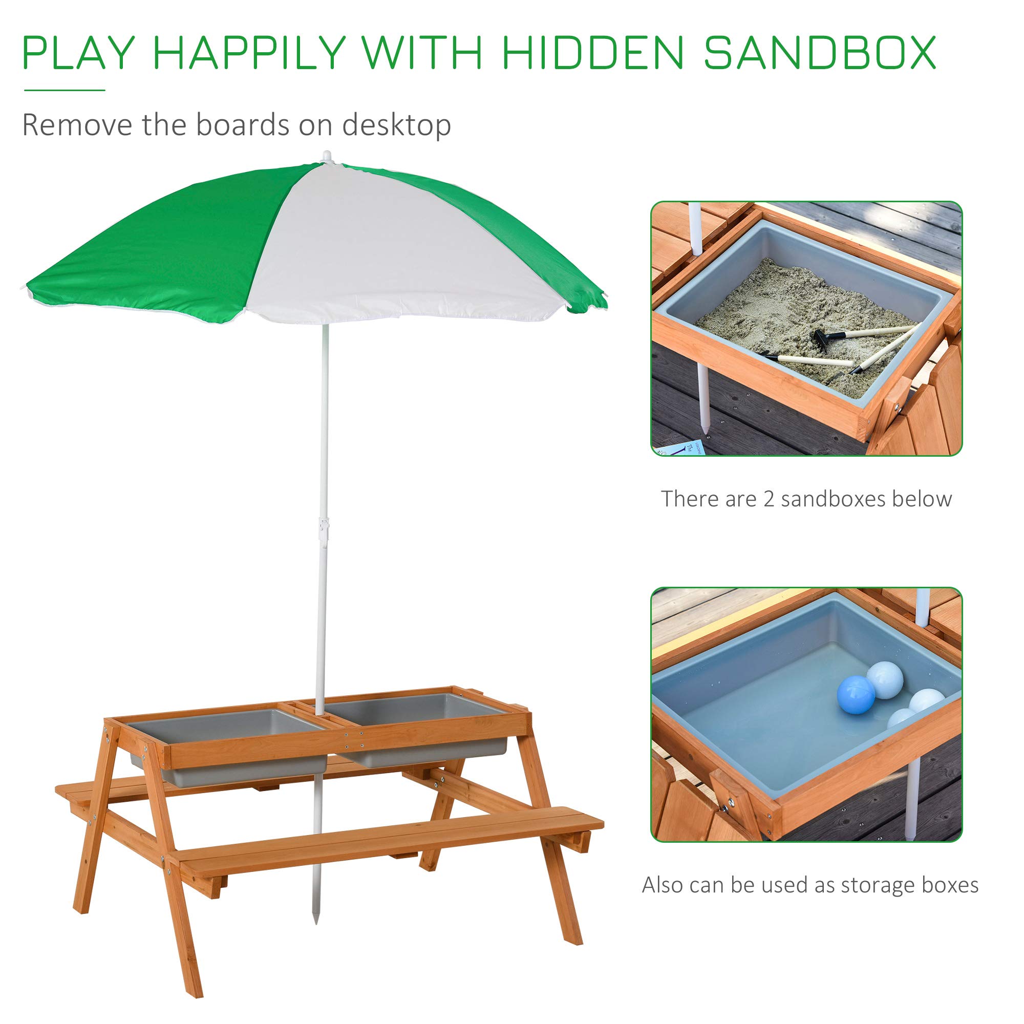 Outsunny Kids Picnic Table with Umbrella & Storage - Sand & Water Play Table - Wooden Outdoor Bench for Garden, Patio, Balcony - Perfect for Backyard Playdates & Summer Activities