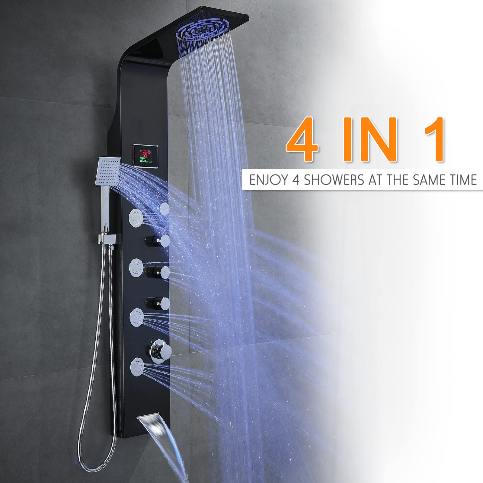ROVATE Rainfall Waterfall Shower Panel Tower System with LED Lights - No Battery Needed, Multi-Function Shower Tower with Rain Massage, Body Jets, Handheld Shower Wand & Tub Spout - Black - Perfect for Spa-Like Bathroom Upgrades & Luxury Shower Experience