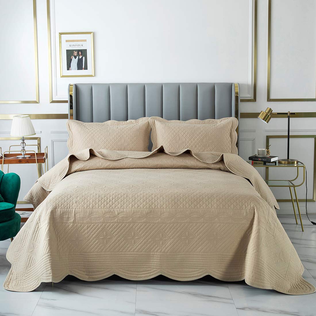 VCTOPS 3-Piece 100% Cotton Solid Quilt Set - Oversize Queen Size Embroidered Reversible Lightweight Quilted Coverlet Bedspread for All Seasons (Khaki) | Soft & Breathable Bedding for Master Bedroom, Guest Room & Dorm Decor