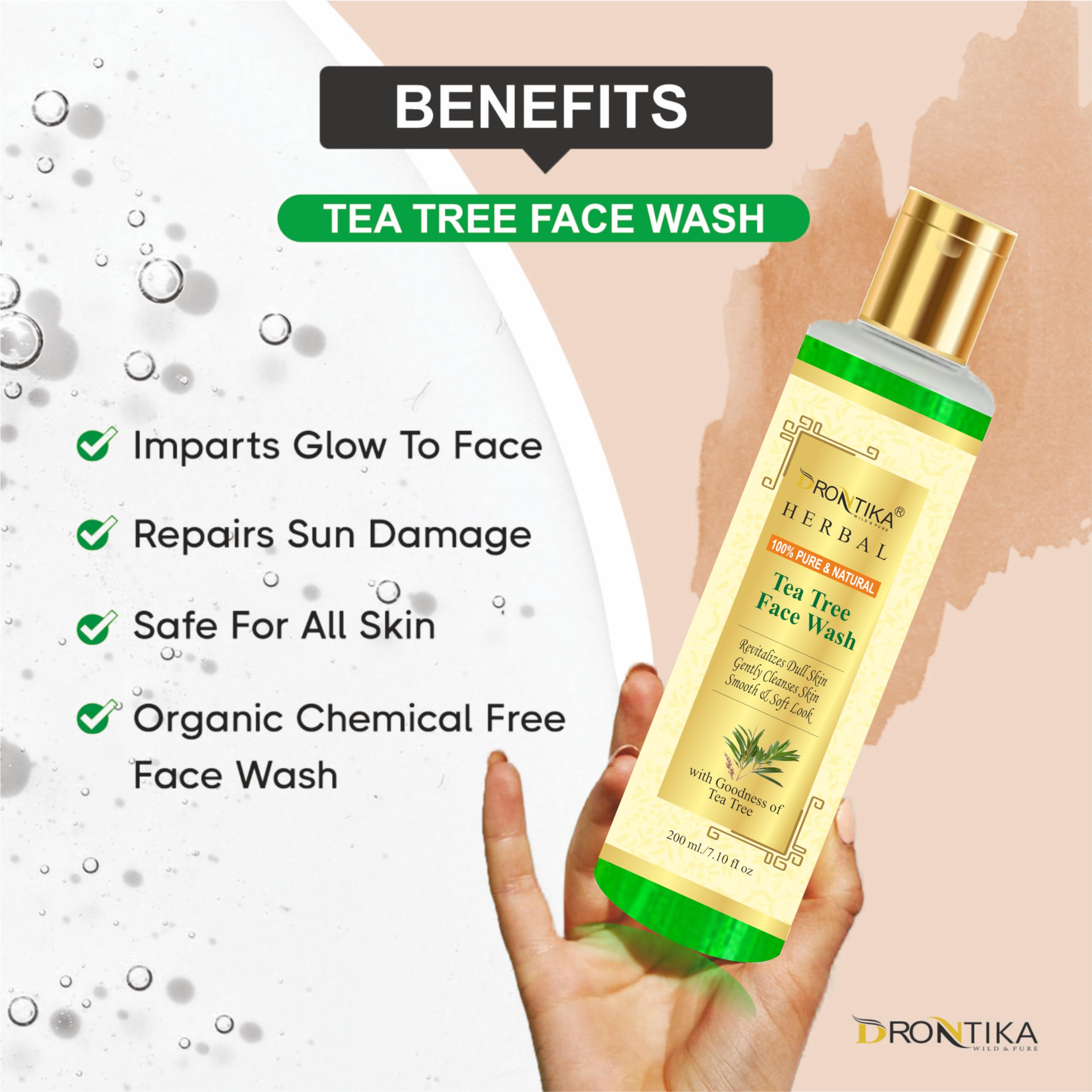 Drontika Tea Tree Herbal Face Wash for Acne & Pimples - 200ml for Normal & Dry Skin | Natural Acne Treatment | Pack of 2 | Gentle Daily Cleanser for Clear Skin