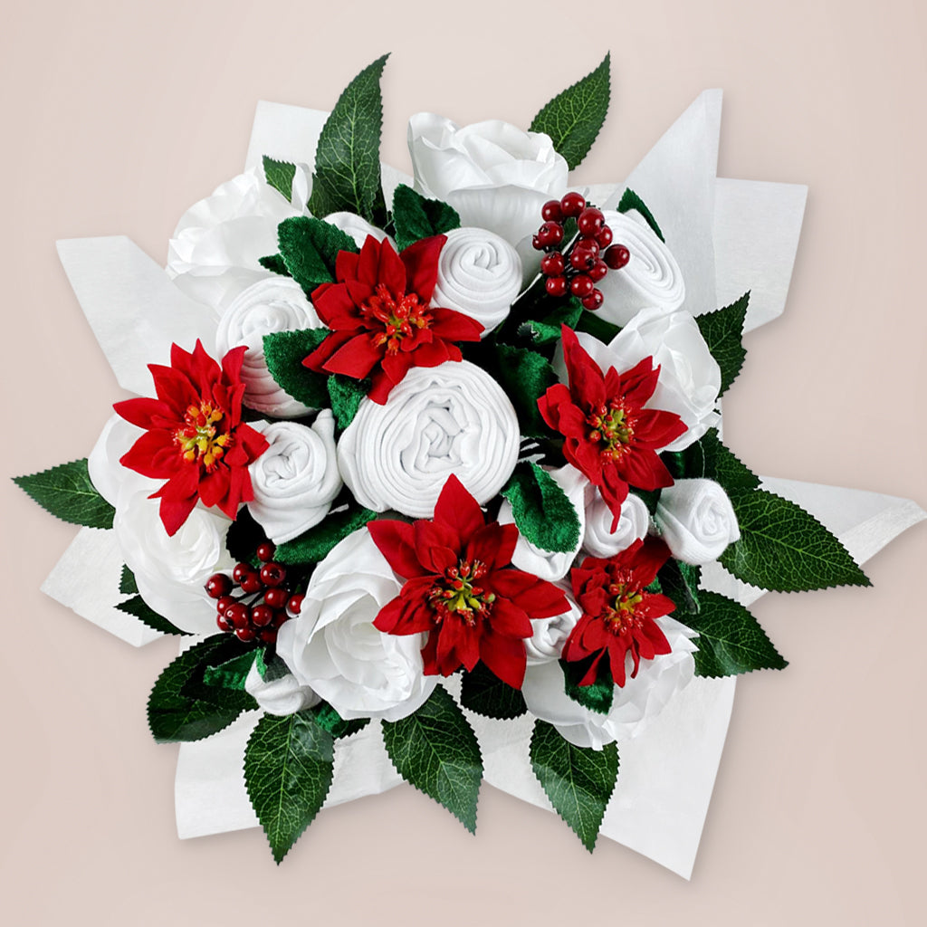 Luxury Christmas Rose Baby Clothes Bouquet with Personalized Snuggle Wrap - Grey | Perfect Baby Shower Gift & Newborn Photo Prop