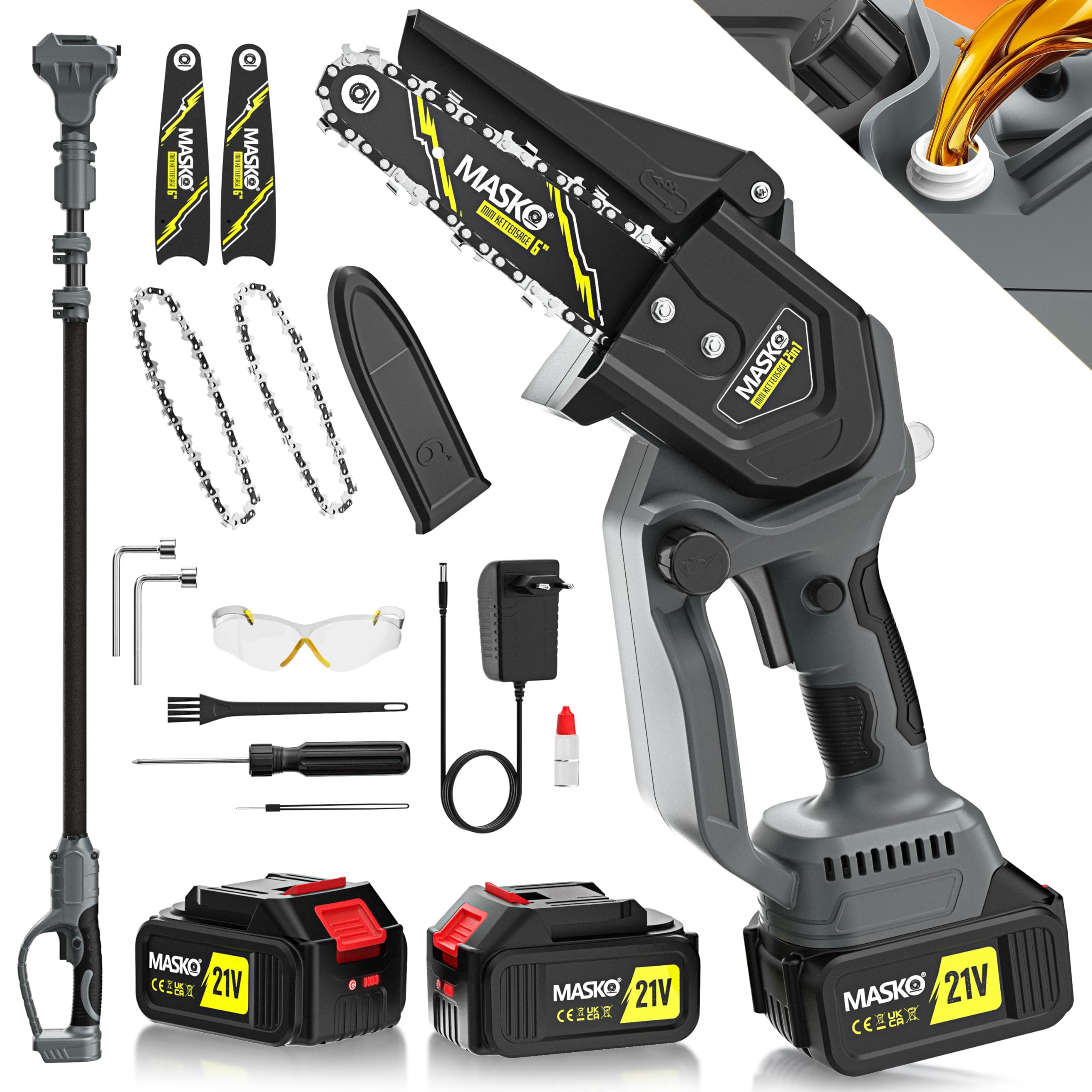 MASKO® 6-Inch Mini Chainsaw with 8000mAh Battery - 800W Electric Hand Chainsaw with 2×4000mAh Batteries & Automatic Oil System for Wood Cutting, Garden Shears, Loppers & Tree Trimming | Perfect for DIY Projects, Yard Work & Home Improvement