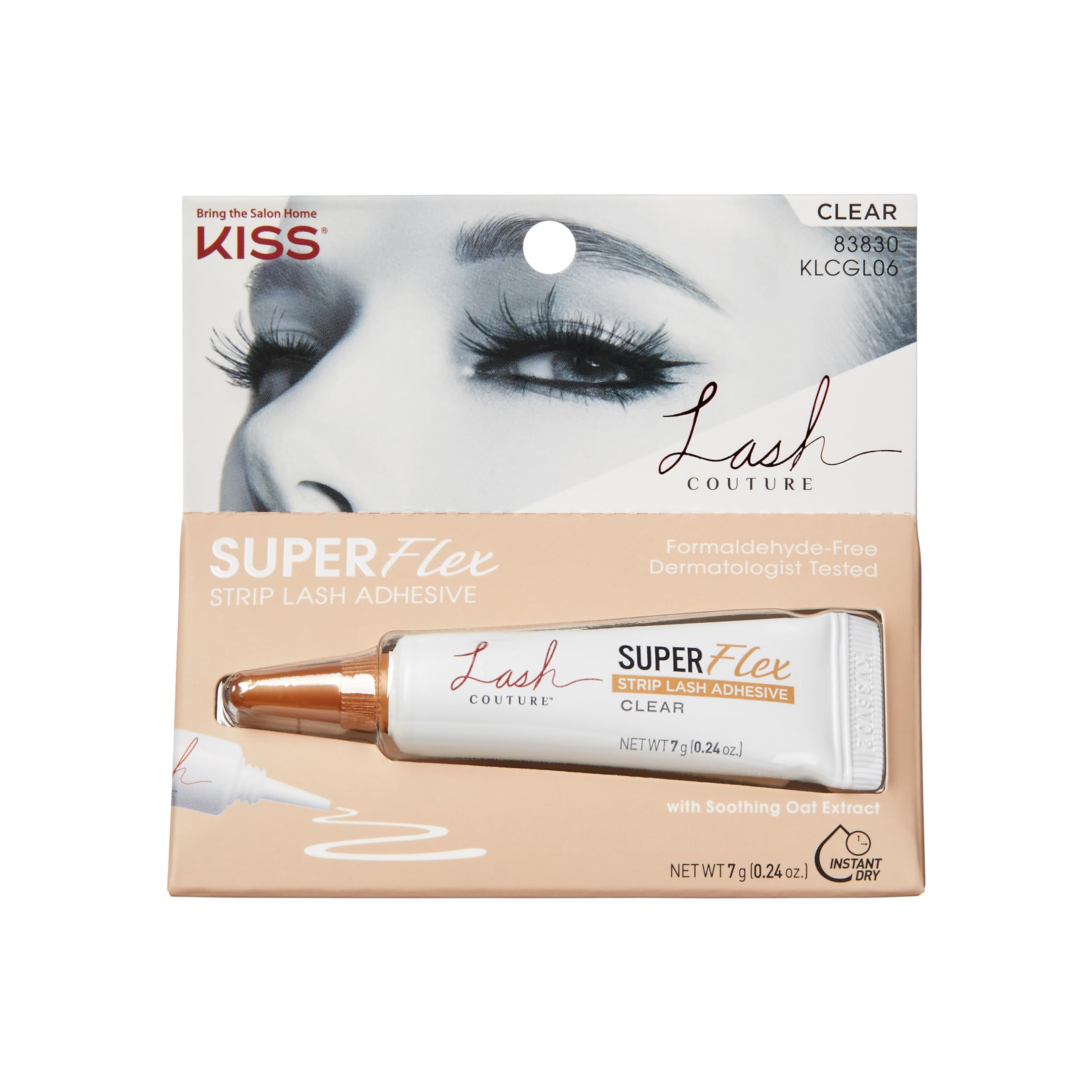 KISS Lash Couture Clear Latex Strip Lash Adhesive with Soothing Oat Extract - Waterproof Eyelash Glue for False Lashes, Dermatologist Tested, Contact Lens Safe, Formaldehyde Free, 0.24 Oz - Perfect for Daily Wear, Special Occasions & Sensitive Eyes