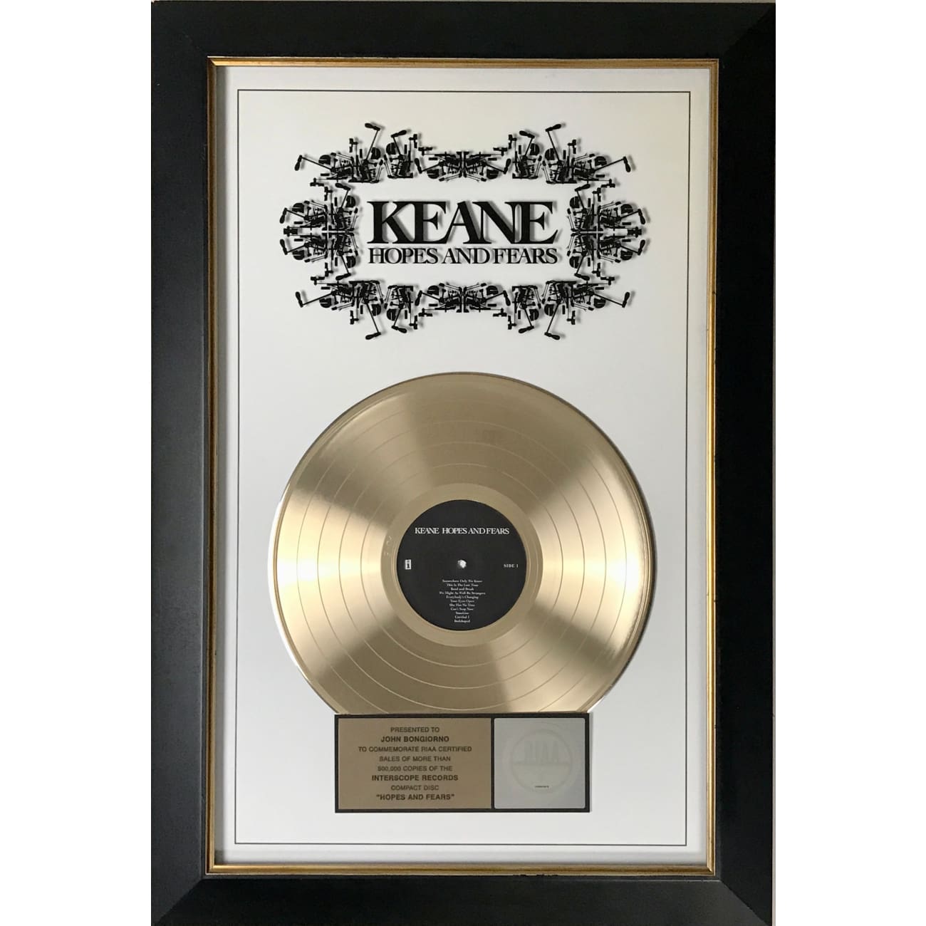 Keane Hopes and Fears RIAA Gold Album Award - Certified Music Collectible for Fans & Display in Home, Office, or Music Studio