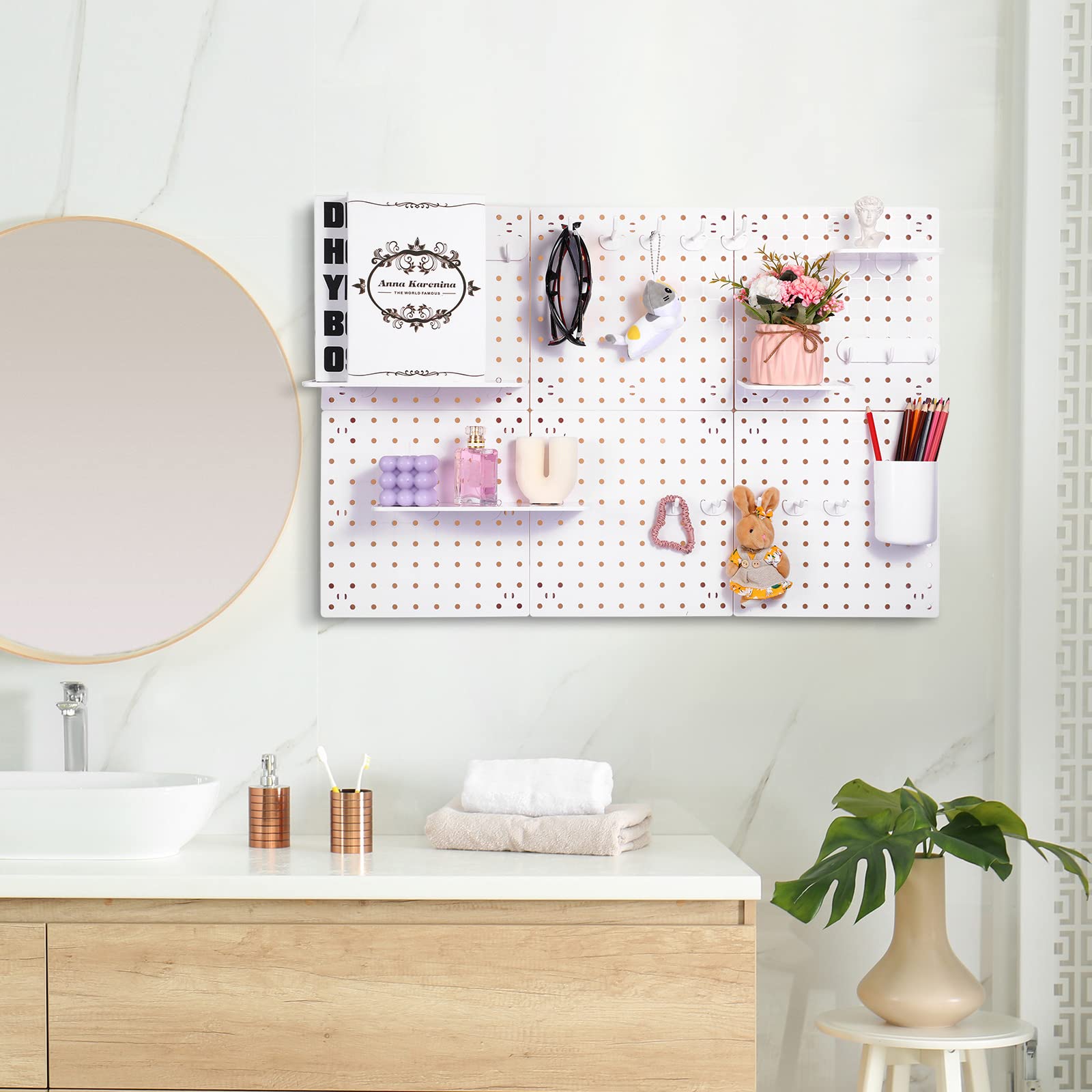 Chunful 58-Piece Pegboard Organizer Kit - Plastic Wall Mount Panel with Storage Boards, Buckets & Hooks - Perfect for Craft Room, Garage, Kitchen & Office Organization (White)