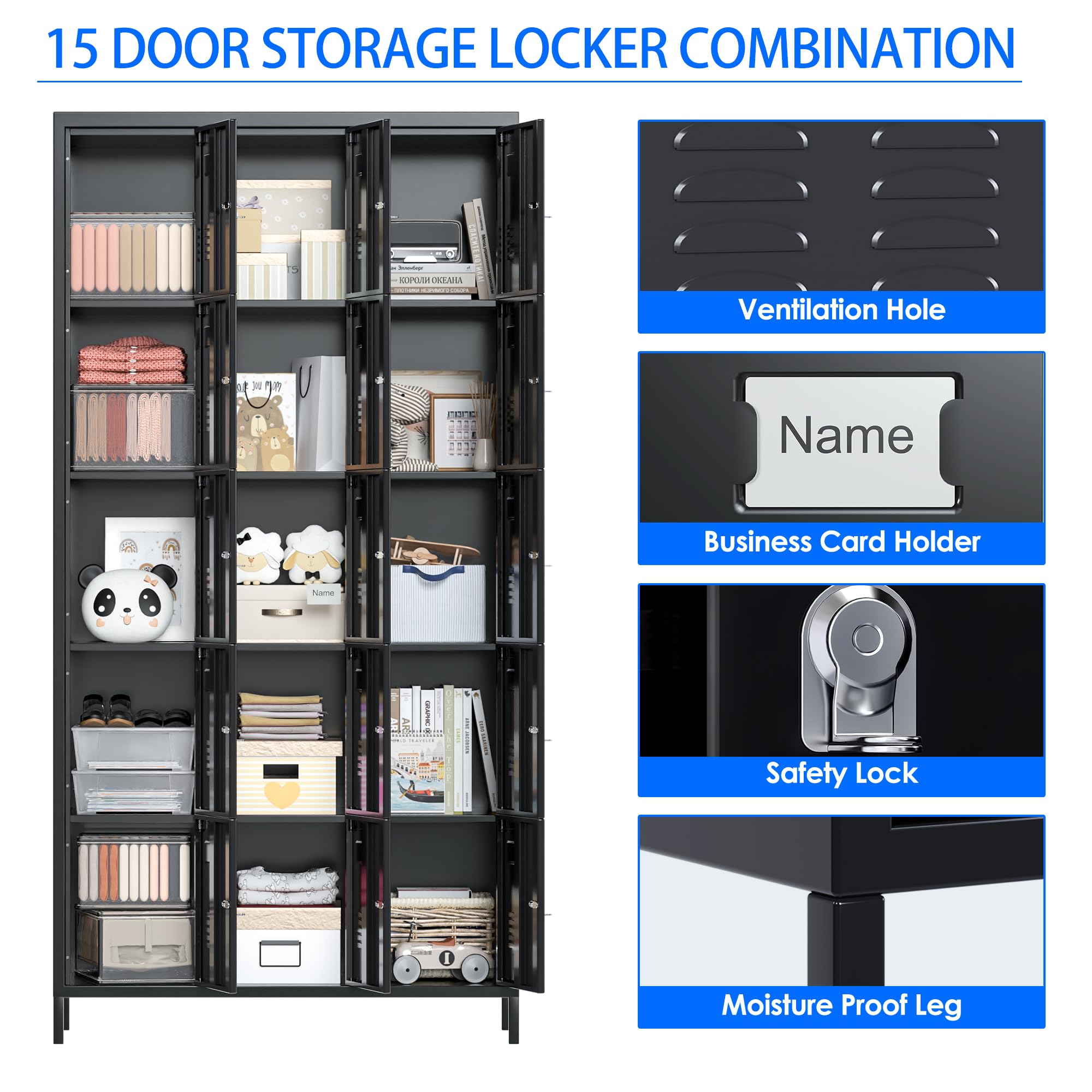 METAN 15-Door Black Steel Storage Locker Cabinet - Heavy Duty Metal Locker for School, Office, Gym, Bedroom & Industrial Use - Employee Storage Locker with Easy Assembly - Perfect for Organization in Classrooms, Workplaces & Fitness Centers