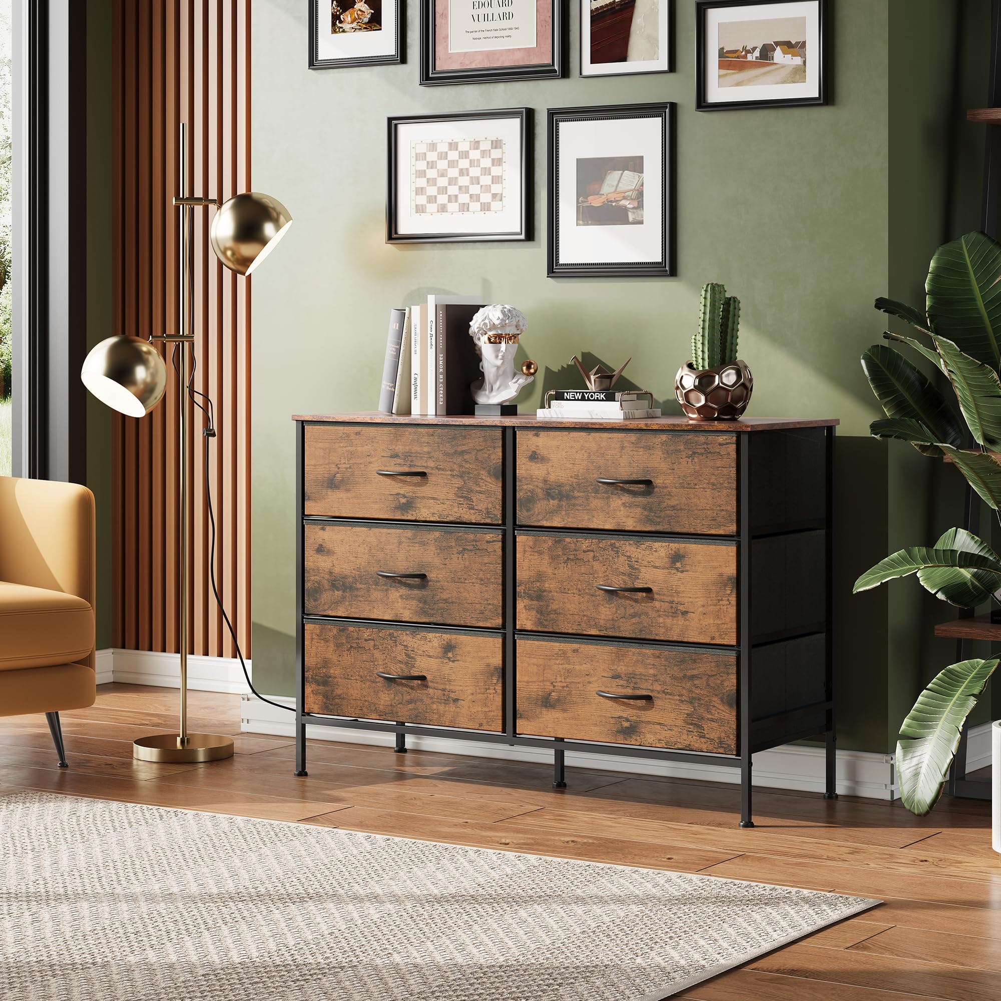 6-Drawer Fabric Dresser with Wooden Top - TV Stand for 50