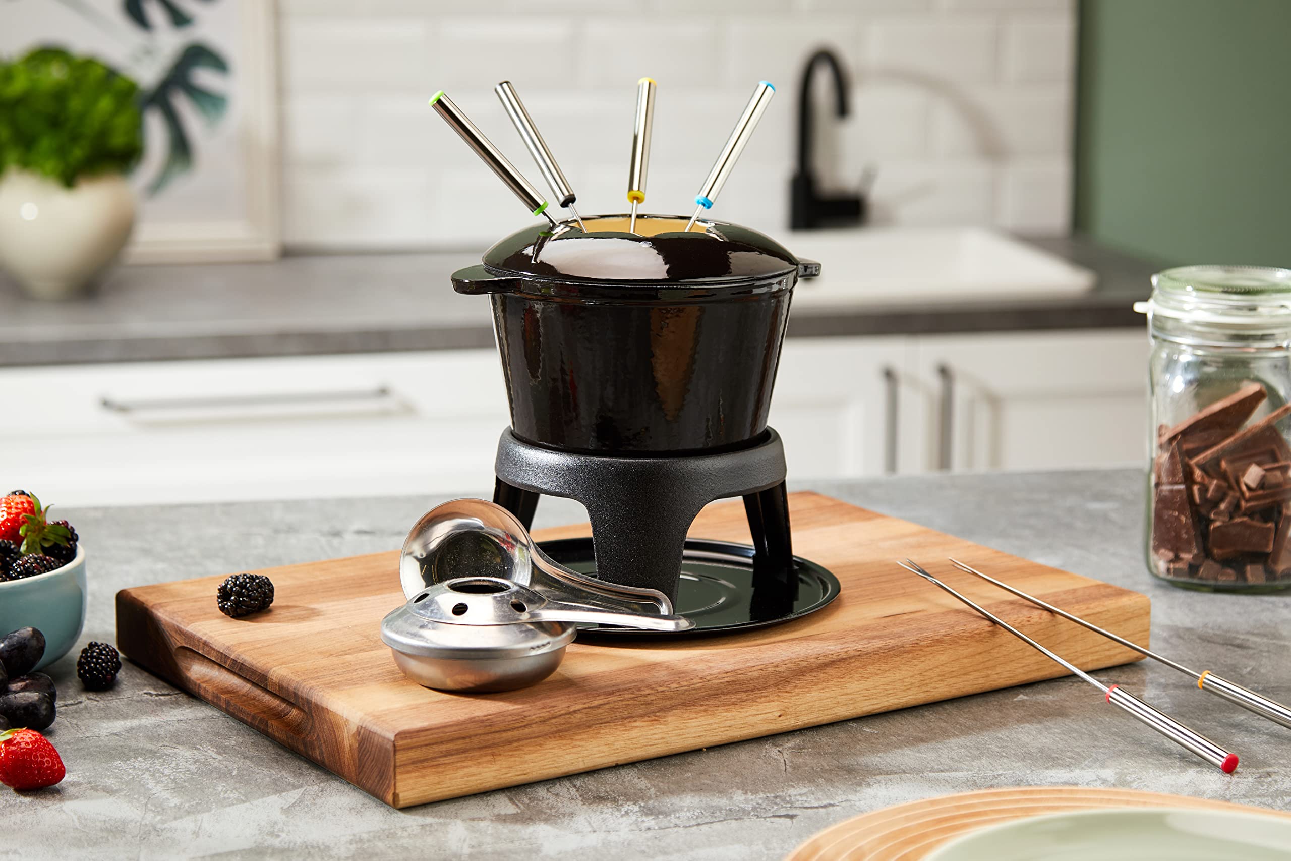 Premium Cast Iron Fondue Set for Chocolate, Cheese & Meat – 21 x 18 cm Black – Perfect for Romantic Dinners, Parties & Family Gatherings