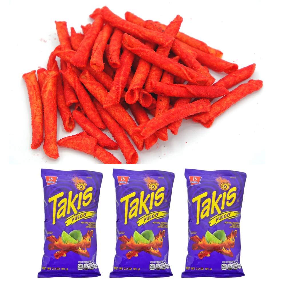 3 Pack Barcel Takis Fuego Hot Chili Pepper & Lime Tortilla Chips - Spicy Snacks 3.2oz | Crunchy Party Food, Movie Night Treats & Game Day Snacks