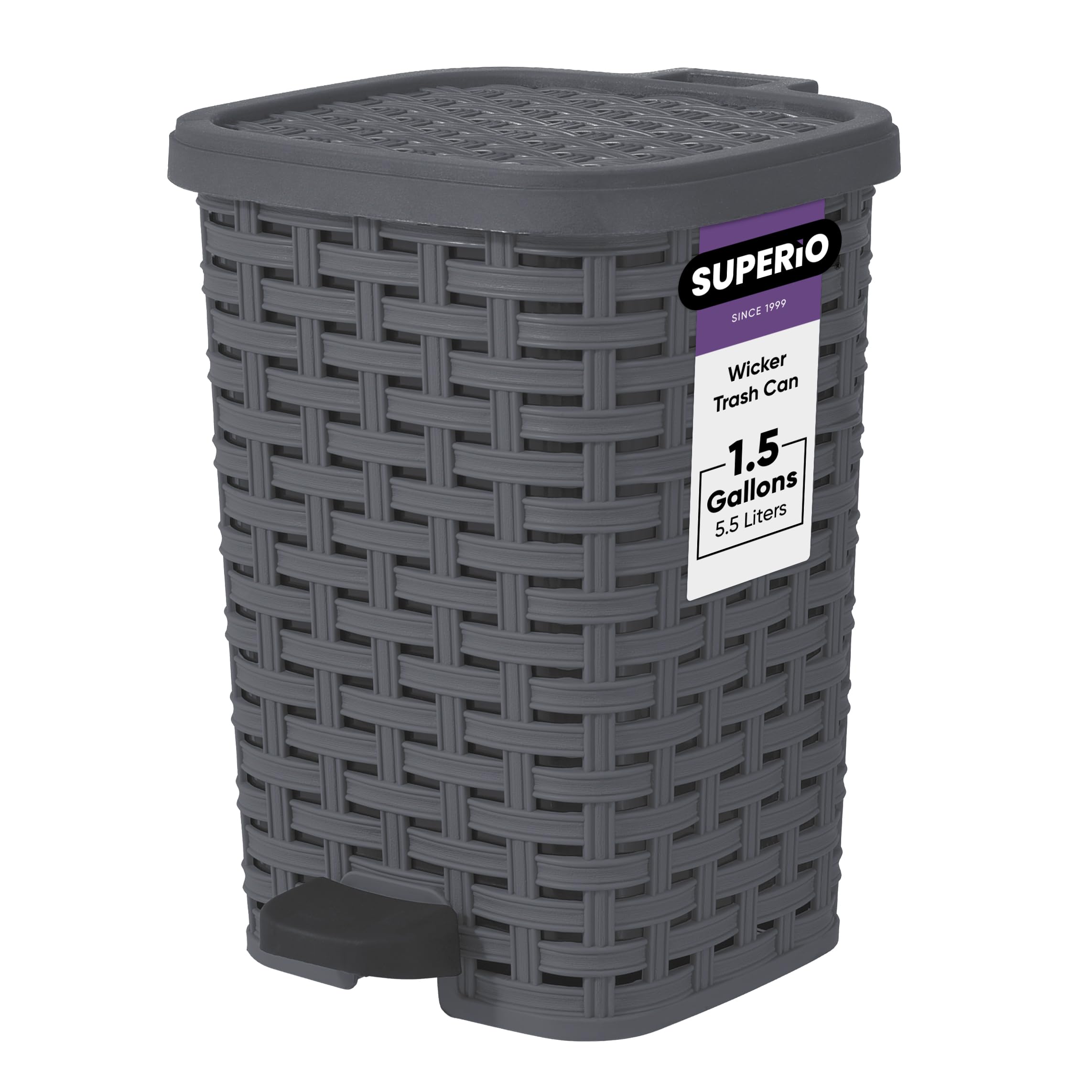 Superio 1.5 Gallon/6L Small Outdoor Trash Can with Lid - Foot Pedal Dog Poop Garbage Bin, Mini Plastic Waste Basket for Bathroom, Bedroom, Office, Patio - Wicker Grey - Perfect for Pet Waste Disposal & Indoor/Outdoor Use
