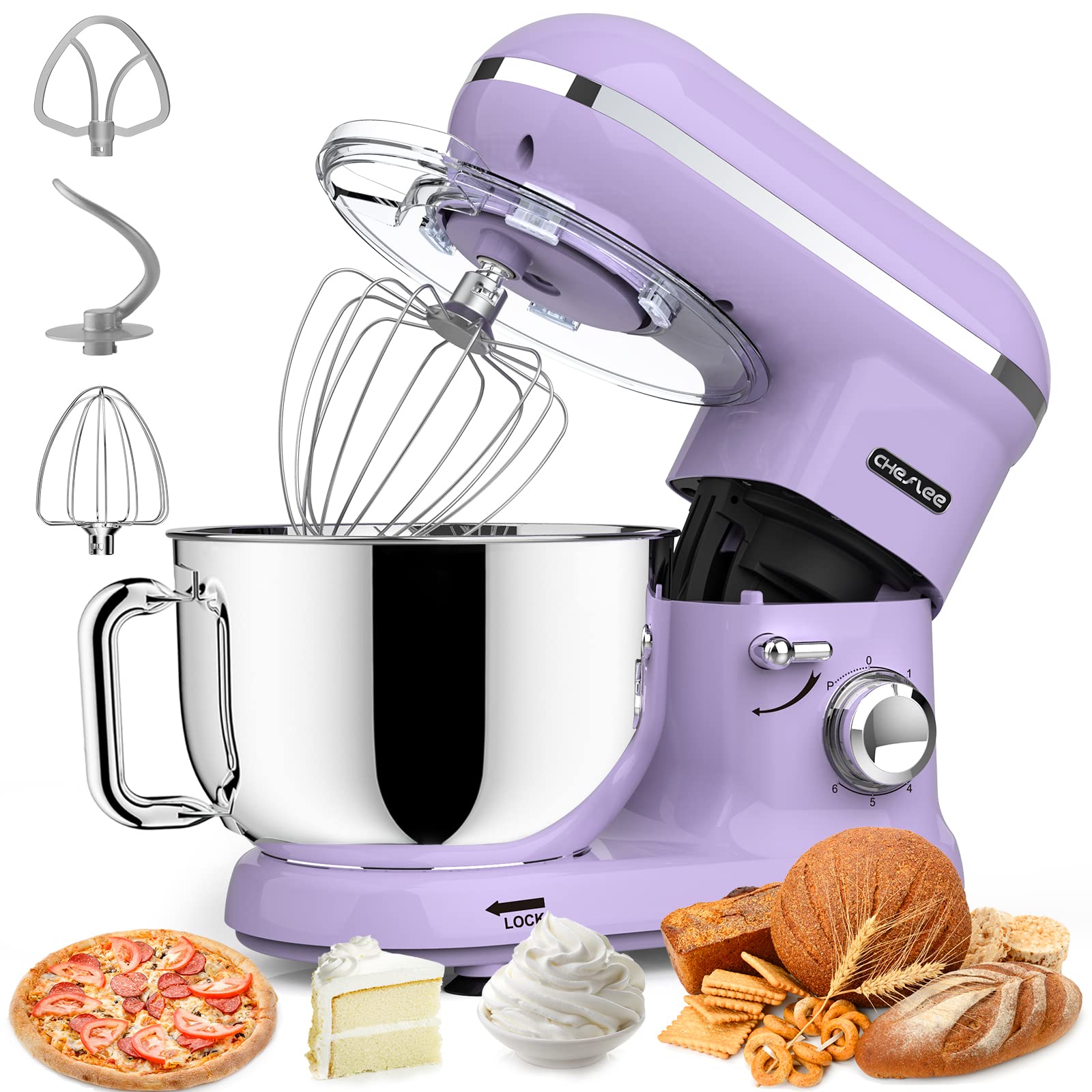 CHeflee 6-Quart Stand Mixer, 600W Powerful Electric Kitchen Mixer with 6 Speeds & 6 Attachments - Perfect for Baking Dough, Whipping Cream, Mixing Cake Batter - Ideal for Home Bakers & Professional Chefs (Lavender)