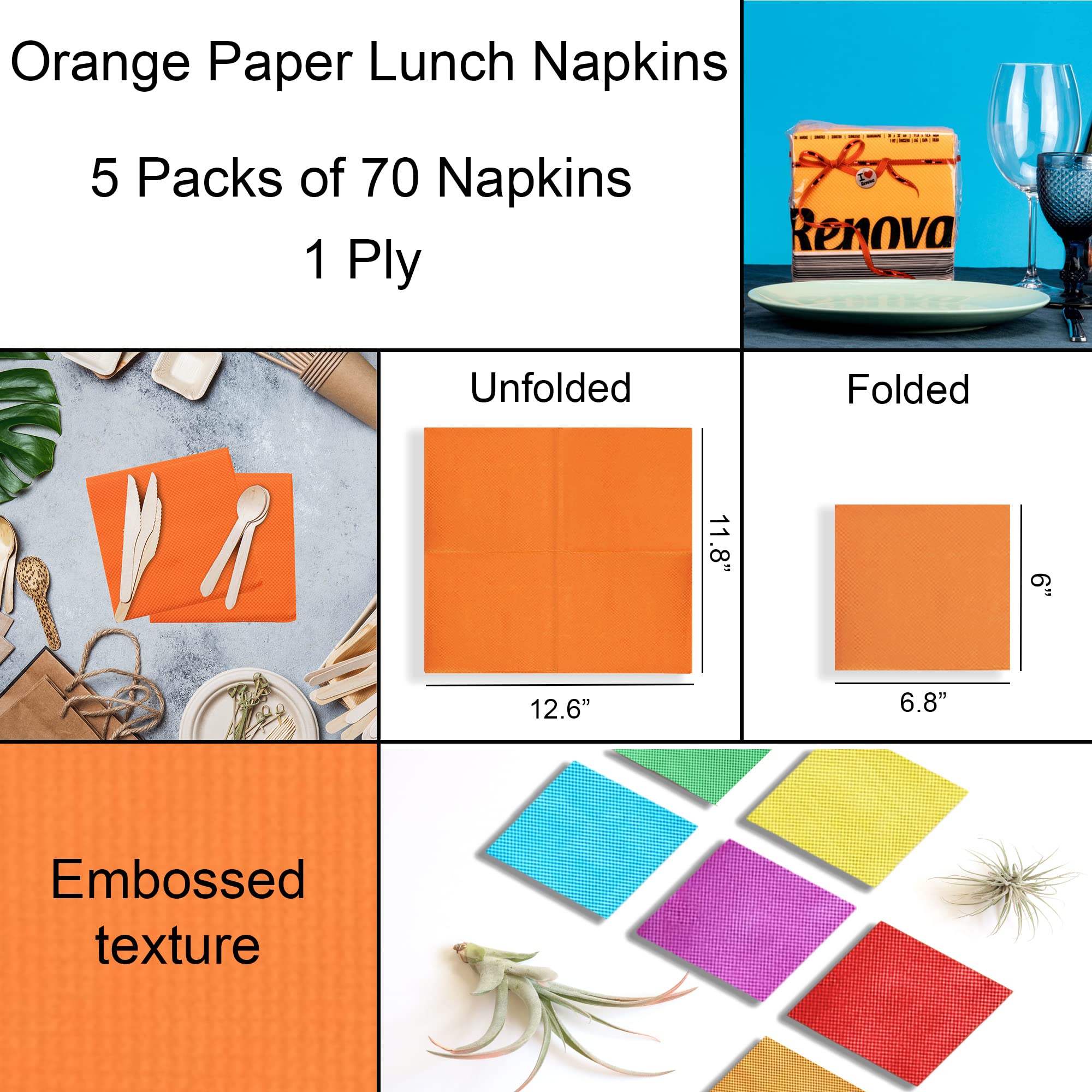 Renova Colored Disposable Paper Napkins - 1-Ply Folded Dinner Napkins (5 Packs of 70, Orange) | Perfect for Parties, Weddings, Picnics & Everyday Dining