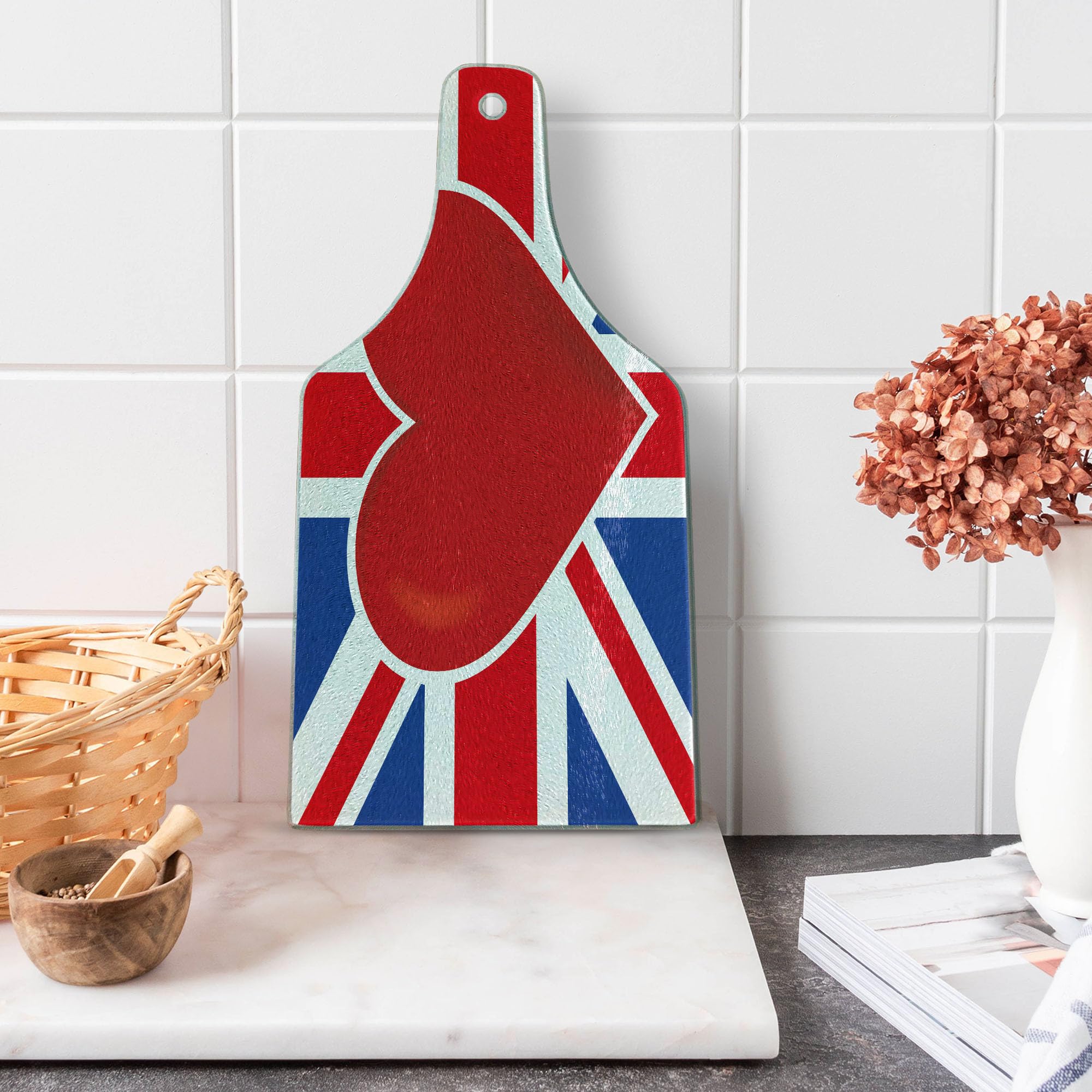 Ambesonne Union Jack Cutting Board - British Flag with Red Heart Center, Tempered Glass Serving Board for Kitchen & Dining - Wine Bottle Shape in Royal Blue, Red & White - Perfect for Entertaining, Gifts & British-Themed Decor