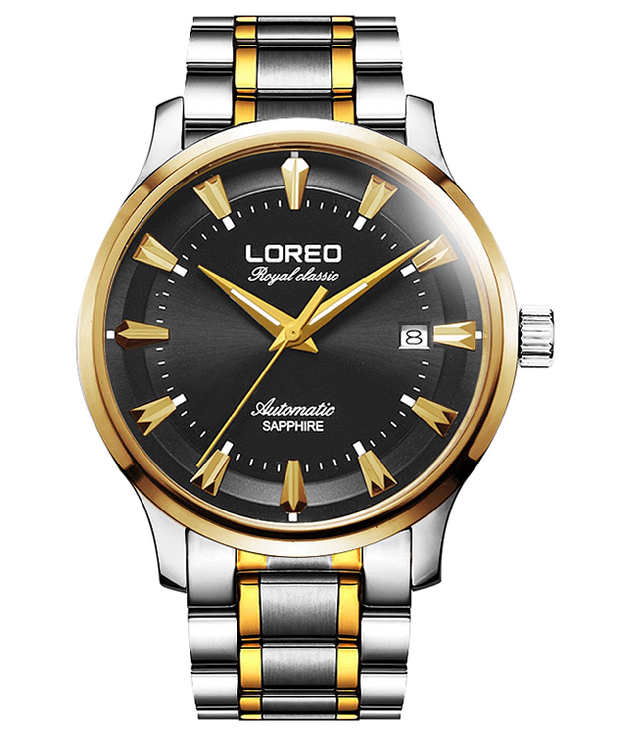LOREO Men's Automatic Watch with Sapphire Glass, Gold/Silver Stainless Steel, Date Display, Water Resistant - Perfect for Business, Formal Events & Everyday Wear