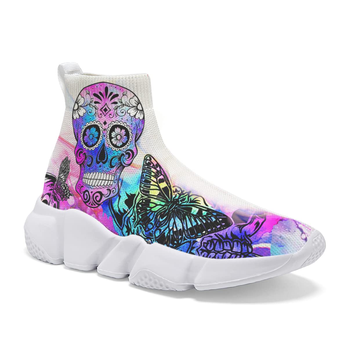 Hetios Women's Fashion Skull Print Slip-On Sneakers - Breathable Knit Running Shoes for Jogging, Walking & Casual Wear - White Athletic Shoes for Women (Perfect for Gym, Workout & Daily Outfits)