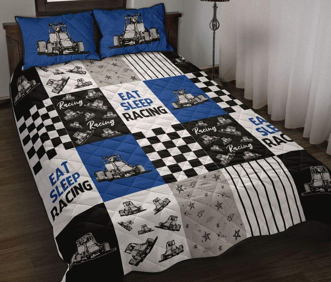 Premium Blue Quarter Midget Racing Car Quilt - King/Queen/Twin Size Bedding - Perfect Gift for Dad, Mom, Husband, Wife & Kids - Great for Birthday, Thanksgiving & Racing Enthusiasts - Ideal for Bedroom Decor, NASCAR Themed Rooms & Cozy Winter Nights