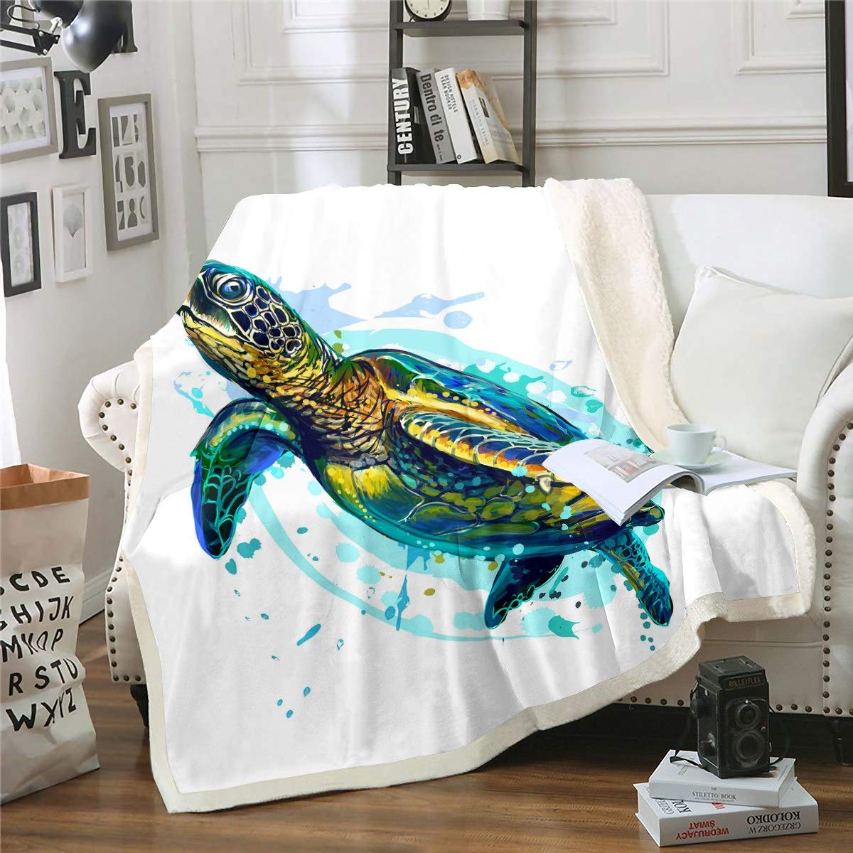 3D Sea Turtle Sherpa Fleece Throw Blanket - Ultra Soft Plush Queen Size 90x90 Inches - Ocean Marine Animal Print for Sofa, Couch & Bed - Perfect for Cozy Nights, Home Decor & Gift Giving