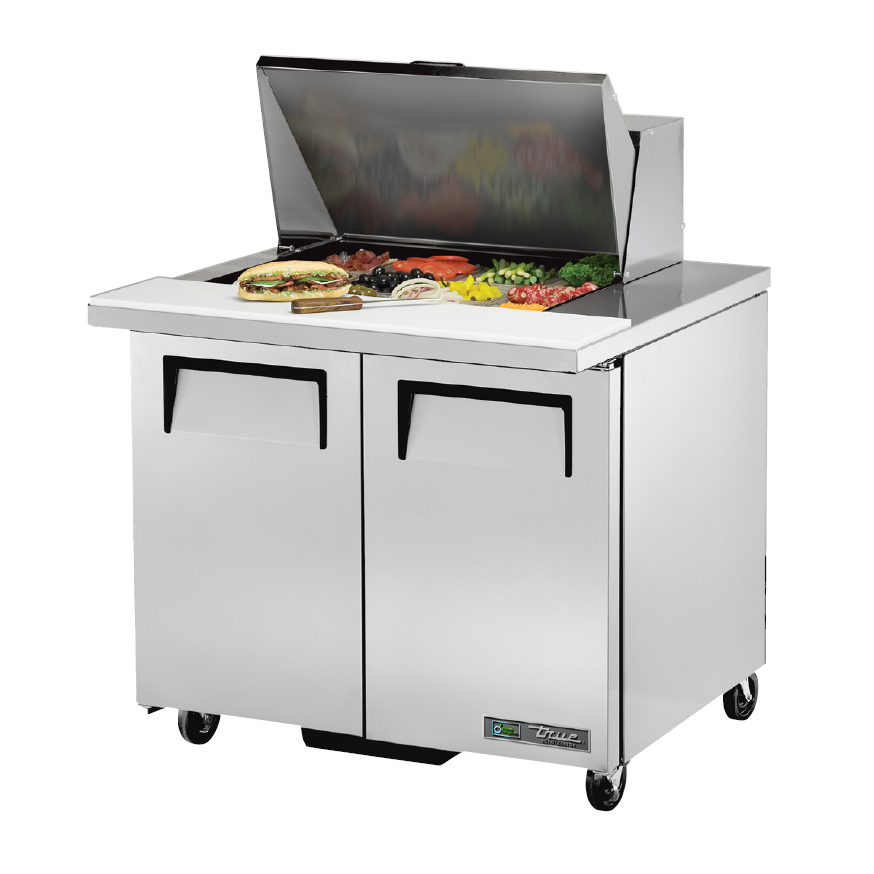 True TSSU 36 12M B Commercial Refrigerated Sandwich/Salad Prep Table - 12 Pan Capacity, 2 Doors, Stainless Steel Top - Perfect for Delis, Cafes & Restaurant Kitchens