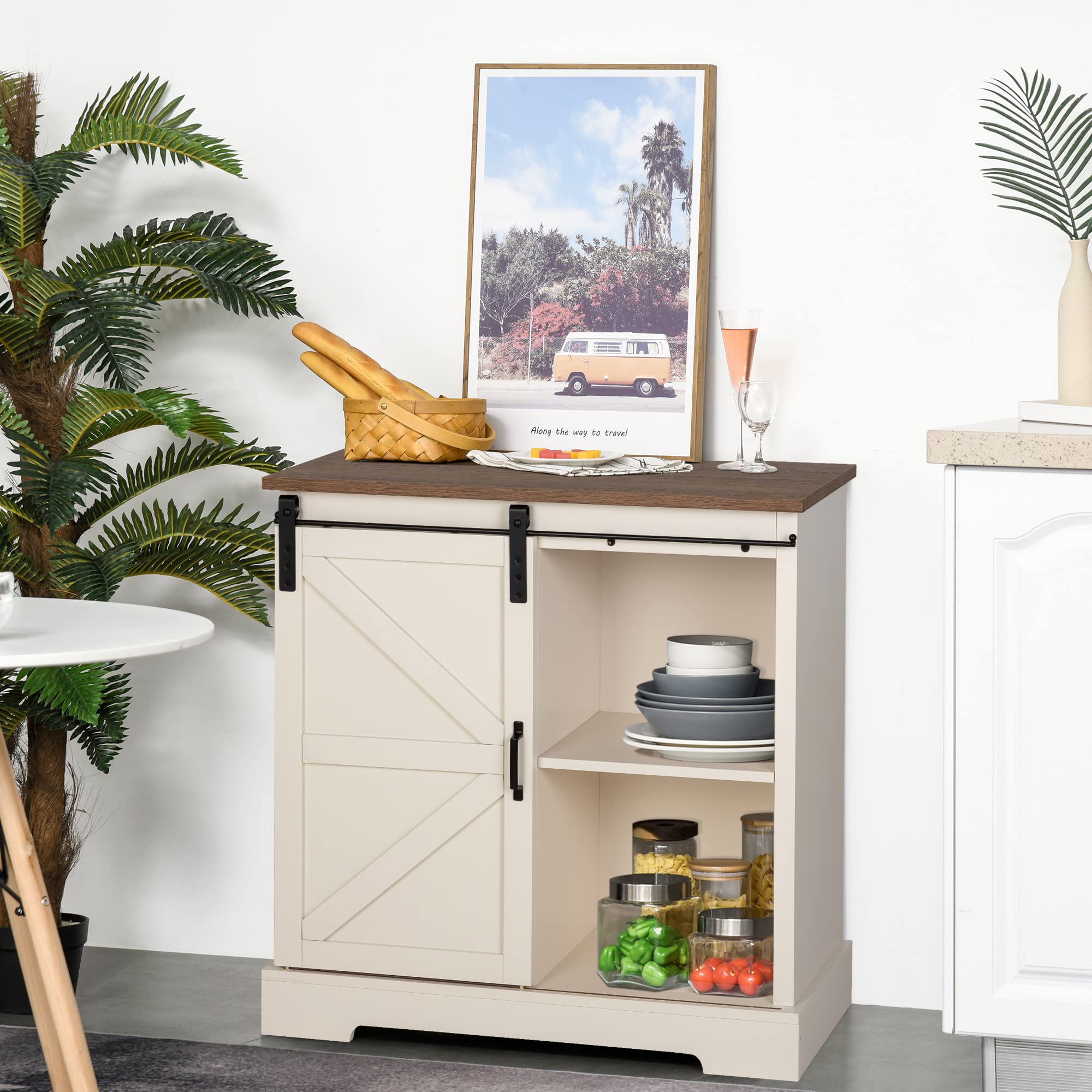 Sophia & William Farmhouse Coffee Bar Cabinet - Kitchen Buffet Storage with Sliding Barn Door, Ivory White - Perfect for Dining Room, Living Room & Home Bar Decor