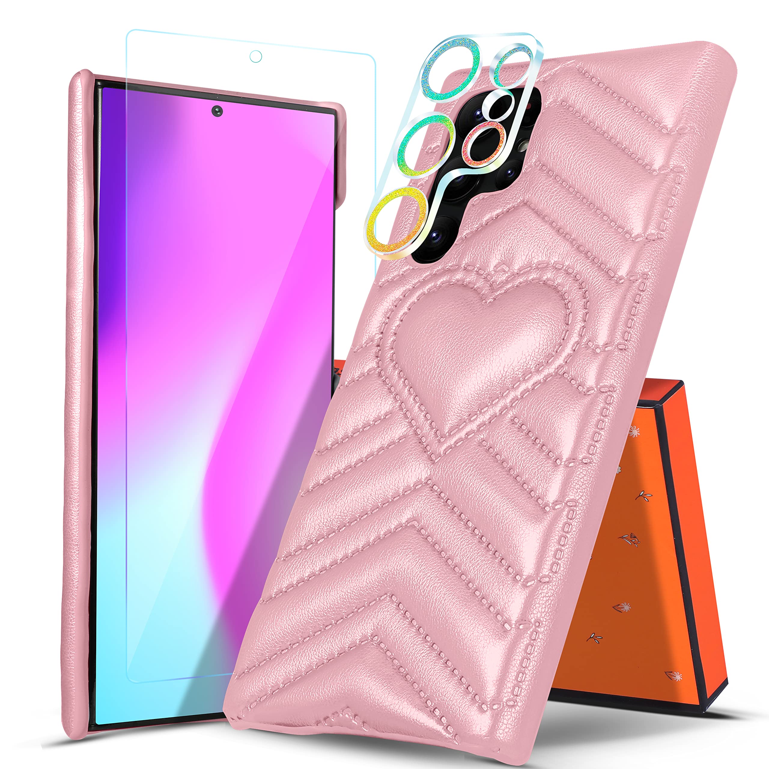 3in1 Luxury Pink Leather Heart Design Samsung Galaxy S22 Ultra Case for Women - Trendy Girly Aesthetic Phone Cover with Hydraulic Film Screen & Camera Protector - Perfect Gift for Valentine's Day, Birthday & Daily Use