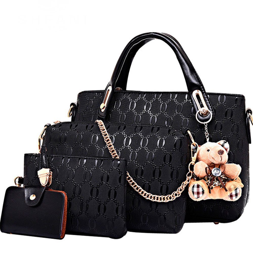 5-Piece Women's PU Leather Handbag Set - Large Tote, Purse, Shoulder Bag & Card Holder (Black) | Stylish Satchel Hobo Bags for Work, Travel & Everyday Use