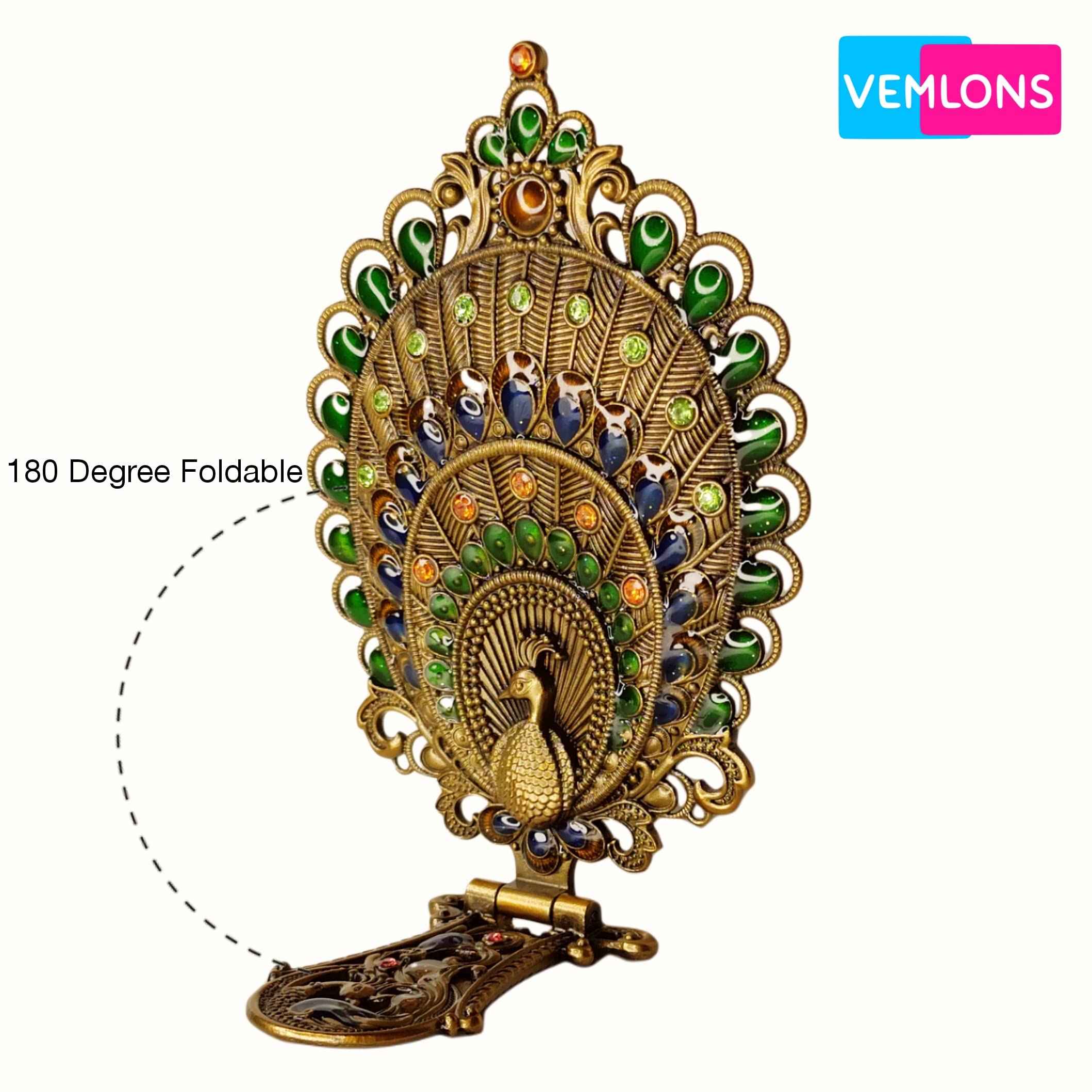 Vemlons Peacock Design Metal Mirror and Comb Set - Framed Oval Tabletop Vanity Mirror with Decorative Stand - Perfect for Dressing Table, Makeup, and Home Decor