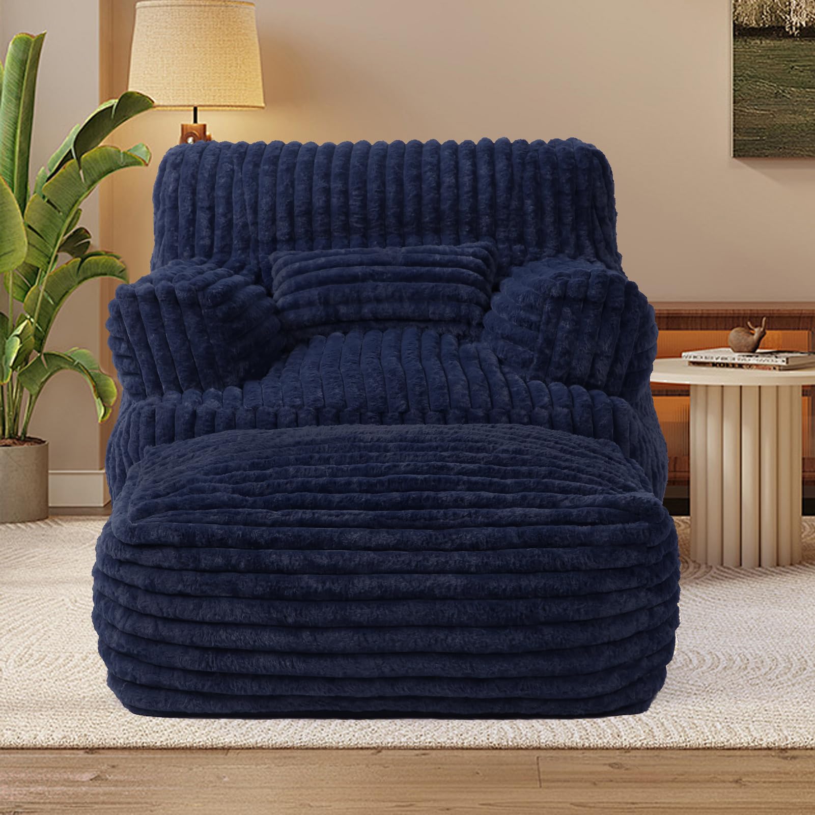 Extra Large Bean Bag Chair for Adults - Oversized Bean Bag Sofa with Ottoman, Ultra Comfortable Reading Chair for Dorm, Living Room & Bedroom (Navy Blue) - Perfect for Relaxing, Gaming & Movie Nights