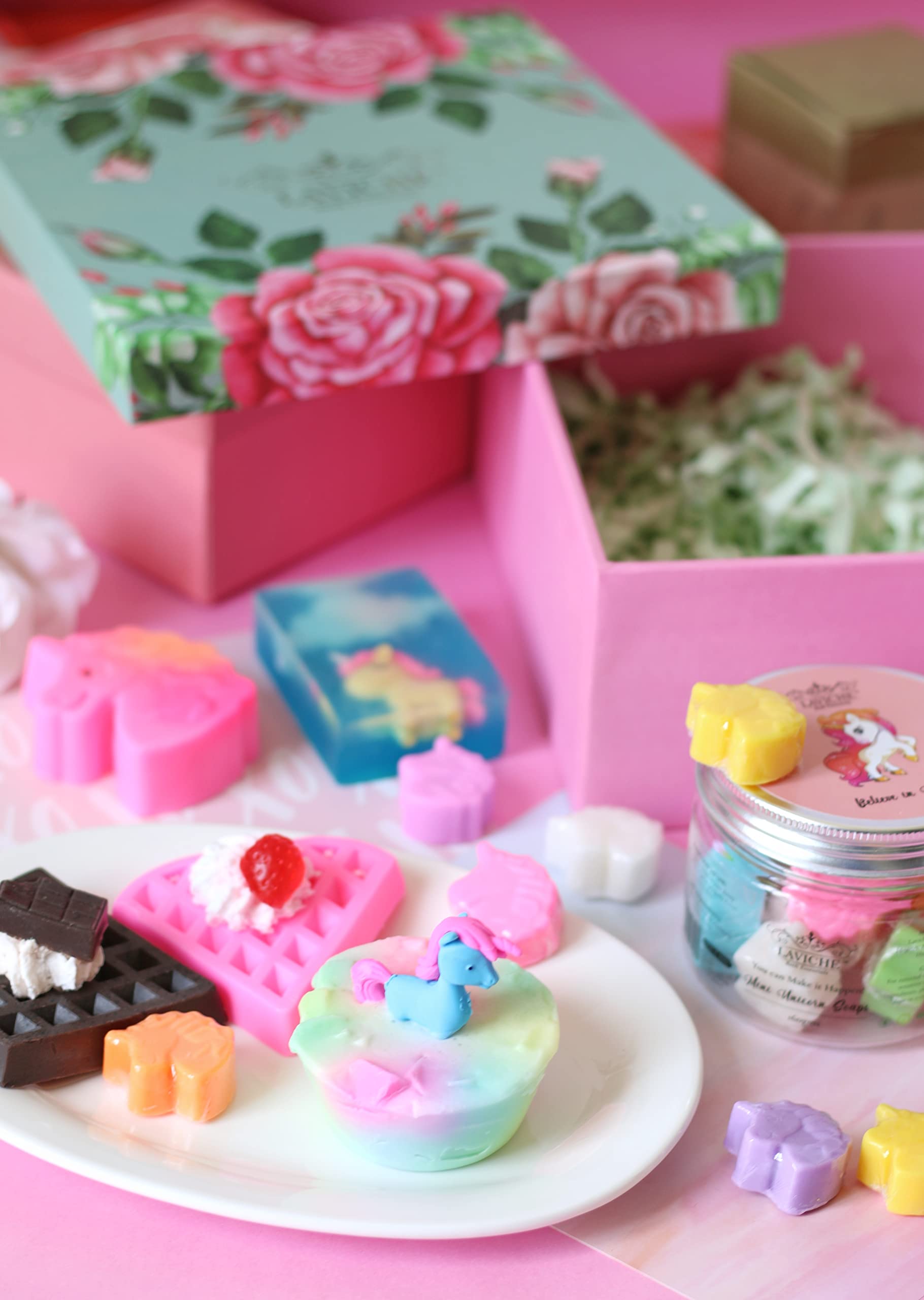 Laviche Unicorn Bath Gift Set for Kids - Mini Soap Box, Family Soap, Cloudy & Eraser Soaps with Strawberry & Chocolate Waffles | Perfect Christmas Present for Girls | Fun Bath Time & Birthday Party Favors
