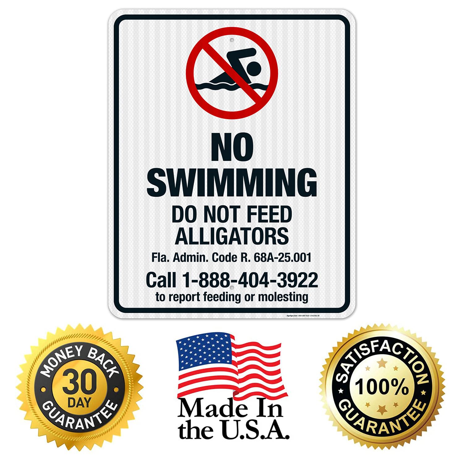 No Swimming Do Not Feed Alligators Sign - 24x30 Inches, 3M EGP Reflective .080 Aluminum, Fade Resistant - Made in USA - Perfect for Lakes, Ponds & Wildlife Areas