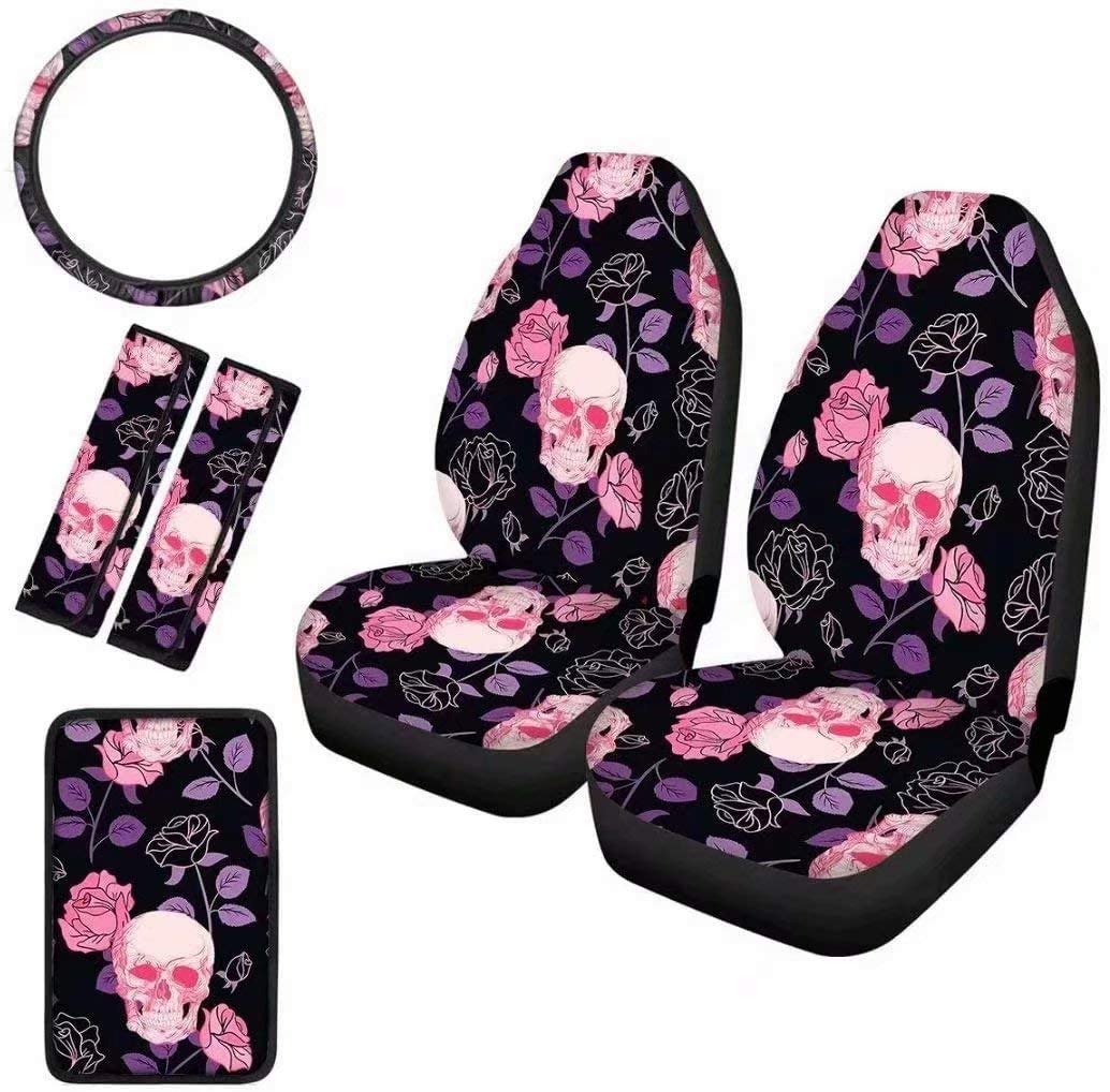 Premium Pink Skull Flower Car Seat Covers Set - 2 Seat Covers + 2 Soft Seat Belt Covers + Center Console Cover + Steering Wheel Cover (6-Piece Car Accessories Kit) for Women - Stylish Car Interior Decor for Sedan, SUV & Truck