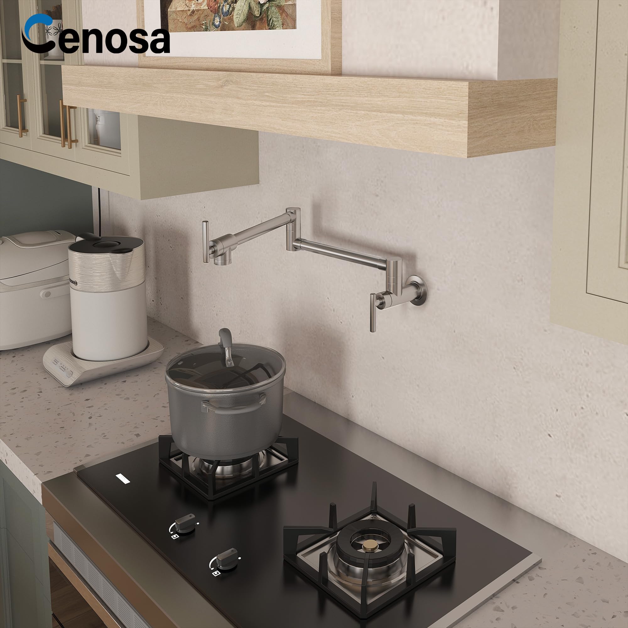 Commercial Brushed Nickel Wall Mount Pot Filler Faucet - Lead-Free Stove Faucet for Kitchen, Perfect for Cooking, Filling Pots & Pans
