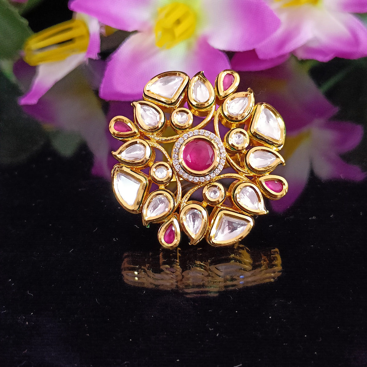 Elegant Designer Gold Plated Royal Kundan Beaded Ring (Design 162) - Perfect for Weddings, Parties & Special Occasions