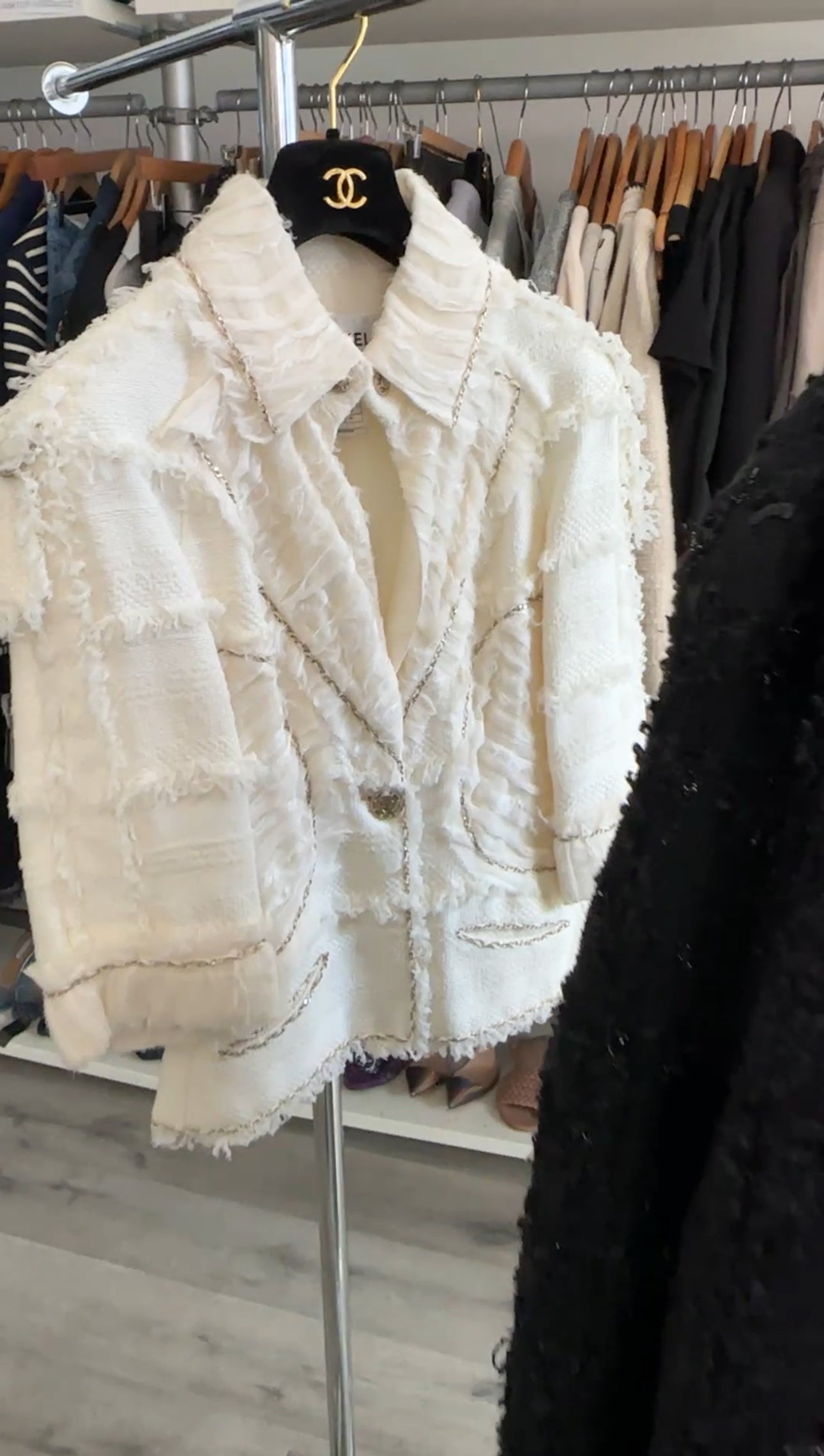Chanel 08P Ivory Tweed Chain Trim Jacket - Women's Luxury Tweed Blazer with Gold Chain Detail, Size FR38/S (US Size 4-6) - Perfect for Office Wear, Cocktail Parties & Special Occasions
