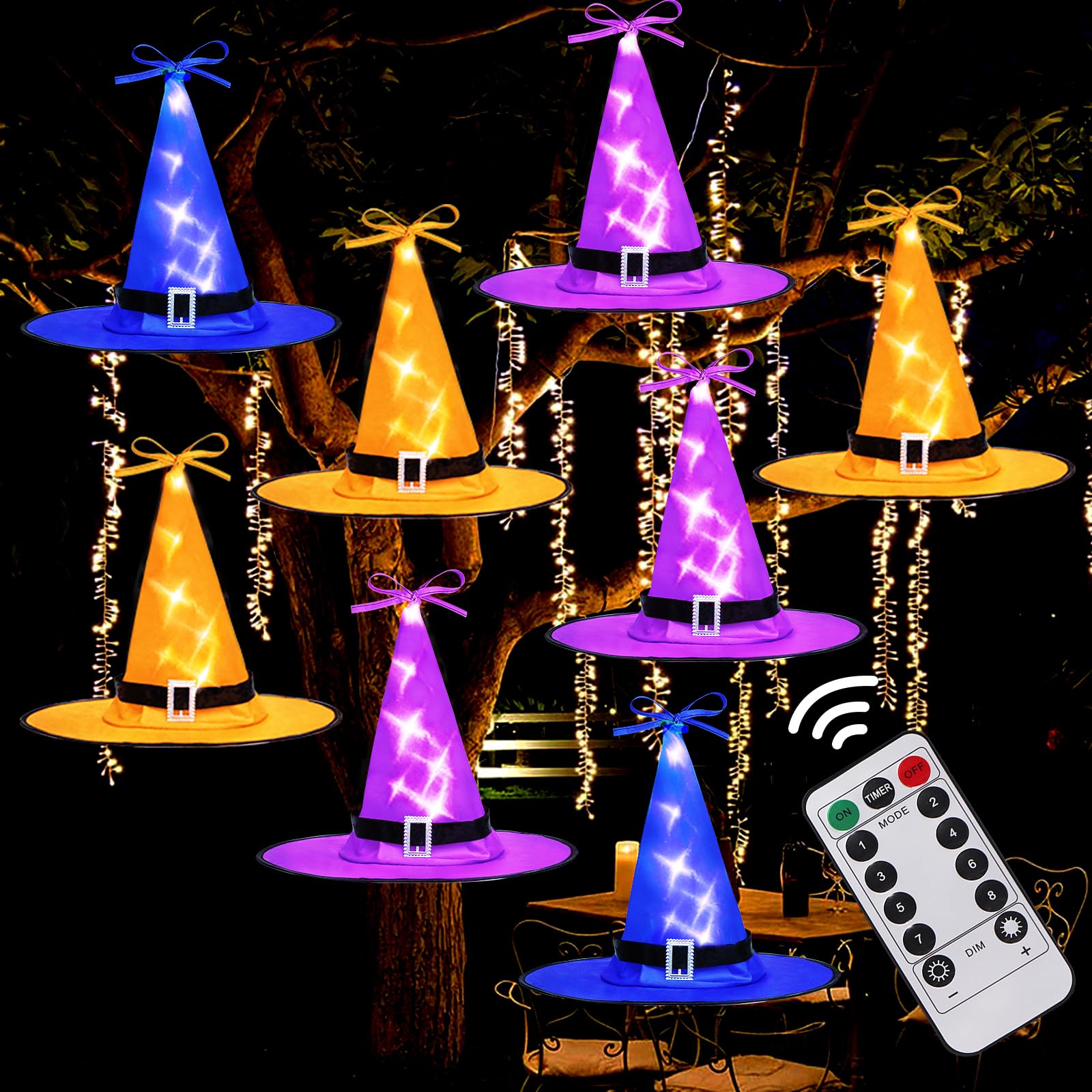 8-Pack Halloween LED Witch Hat Lights - 19.6ft String with 8 Lighting Modes & 3 Colors - Indoor/Outdoor Halloween Decorations for Garden, Yard, Party - Perfect for Halloween Night, Spooky Porch Decor, and Themed Party Lighting
