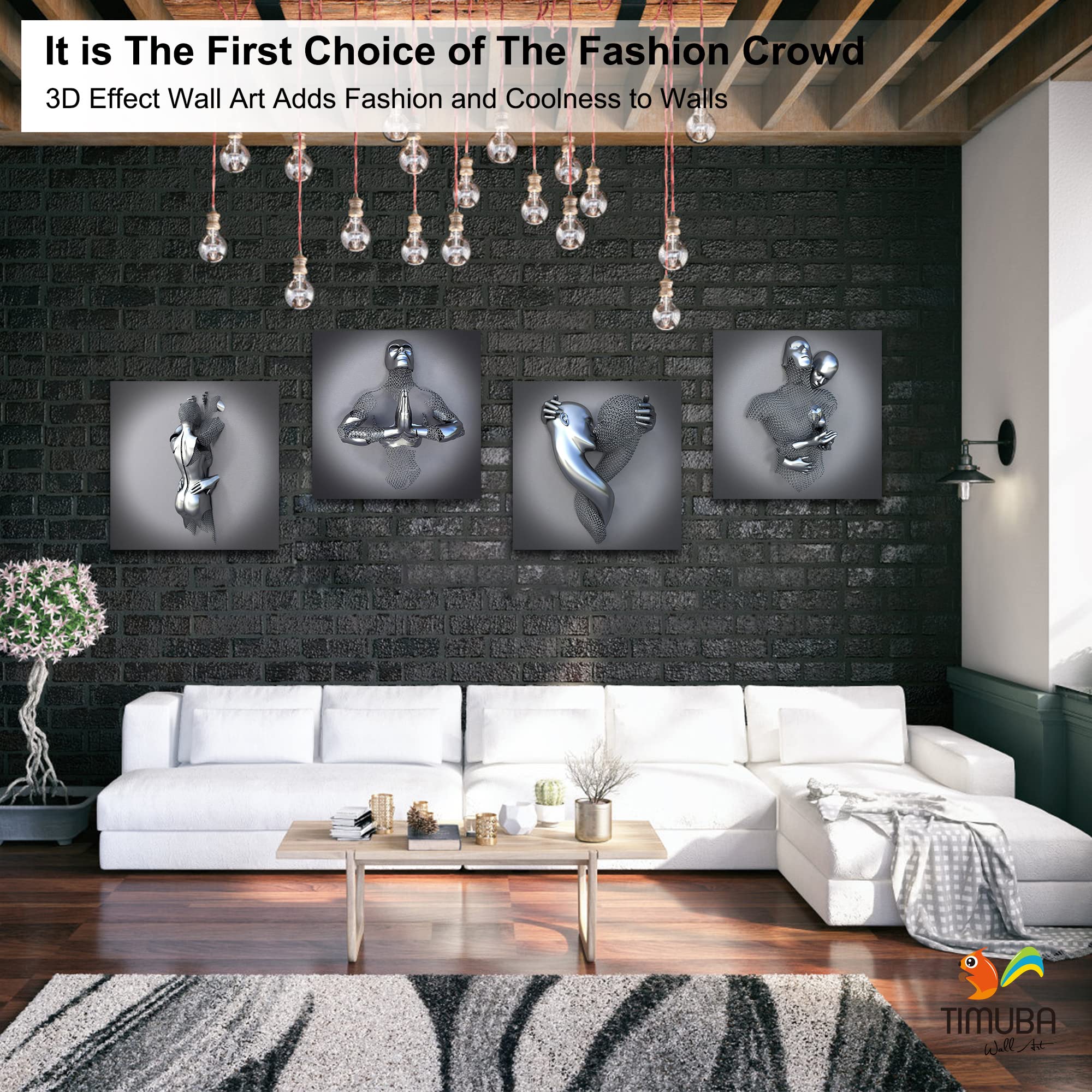 4 Piece Set 3D Canvas Wall Art - Love Heart Gray Modern Framed Painting, Hugging Couple & Kissing Design for Bedroom Decor, Home Gifts (20