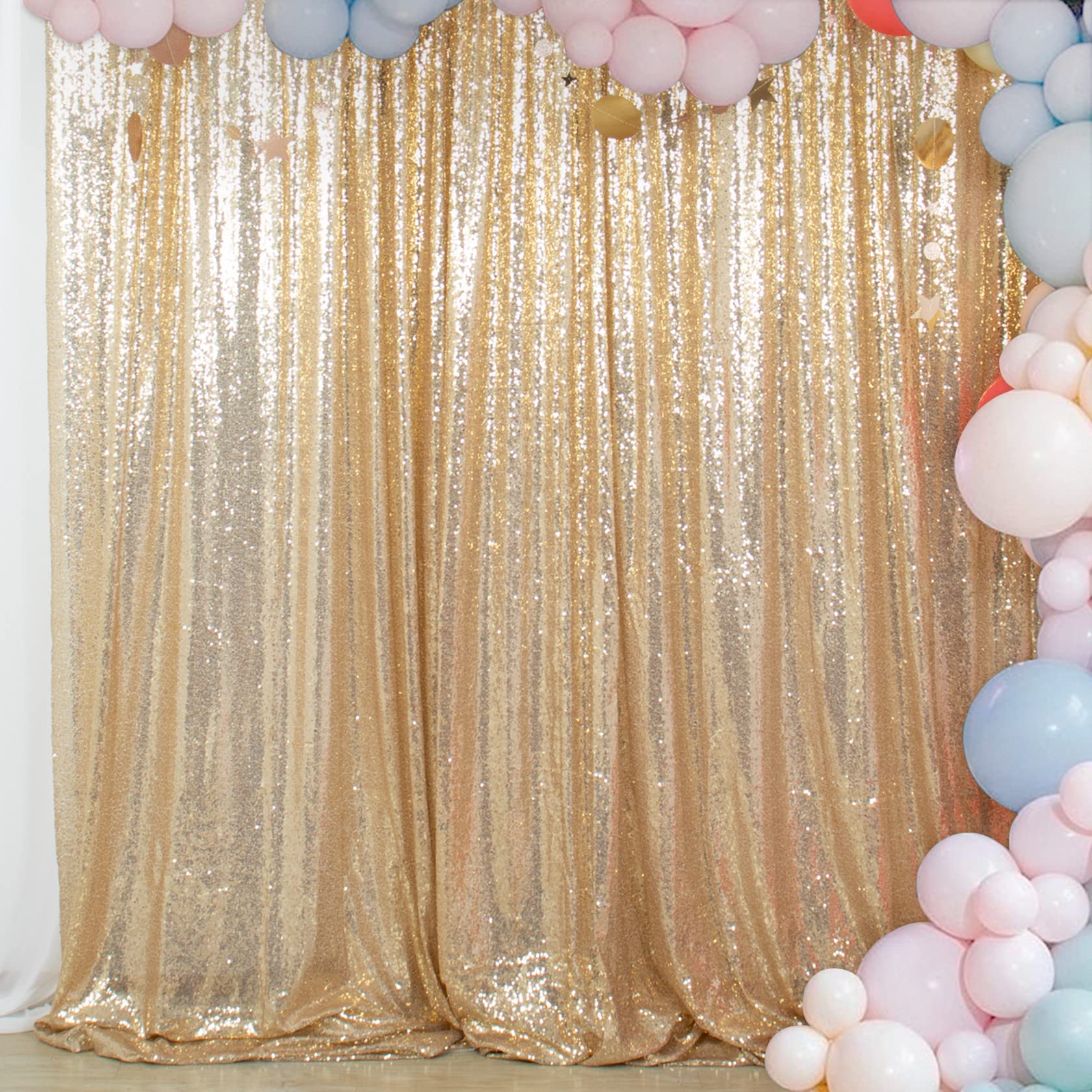 ShinyBeauty Sequin Photo Backdrop 4FTx7FT (48x84 Inch) - Light Gold Glitter Fabric Backdrop for Wedding, Party, Birthday, Christmas, Prom & Event Decor - Perfect for Photography, Stage Curtain & Social Media Background